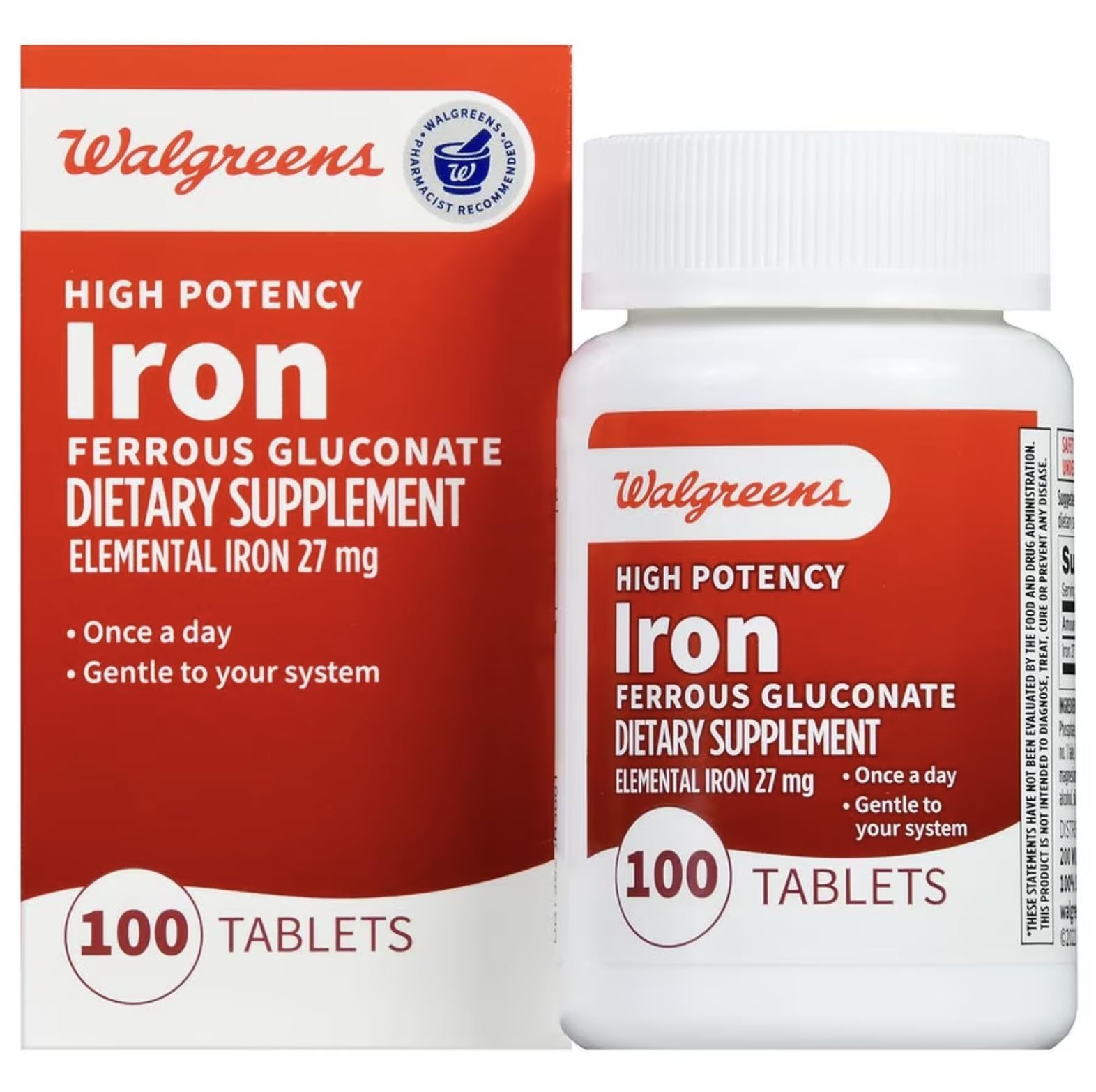 Walgreens High Potency Iron Ferrous Gluconate 27 mg Tablets, 100 Count