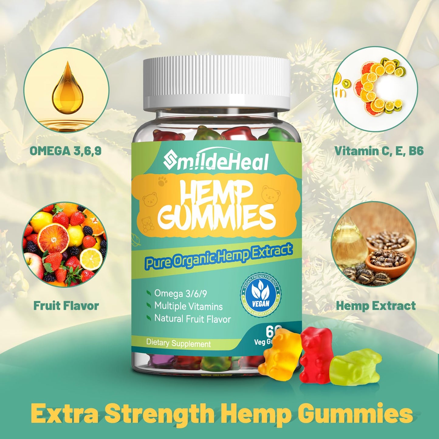 SmildeHeal Organic Hemp Gummies with Hemp Oil Extract, 120 Gummies