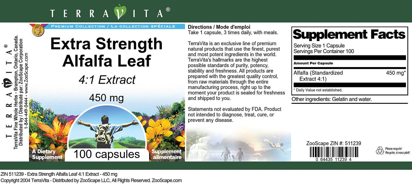 Terravita Extra Strength Alfalfa Leaf 4:1 Extract 450 mg Capsules 300 Count