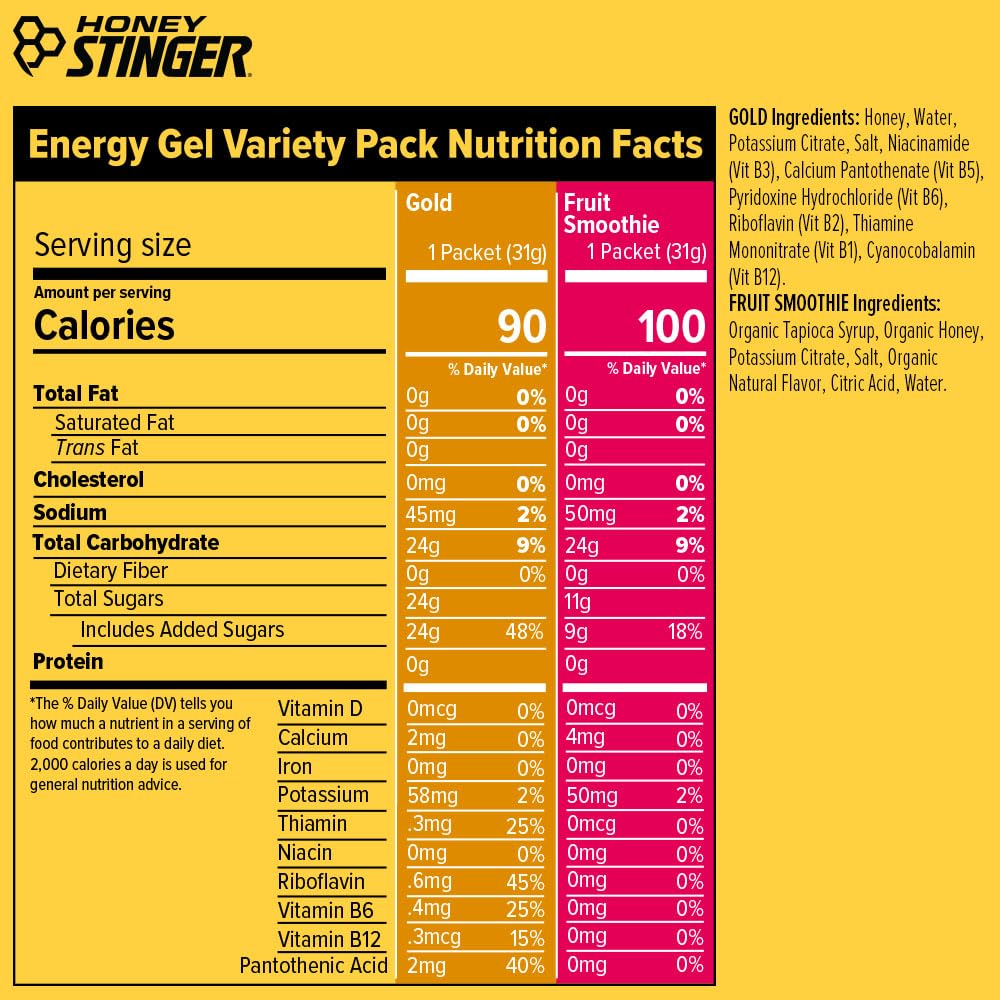 Honey Stinger Energy Gel Variety Pack of 24, 12 Packs Each of Gold and Organic Fruit Smoothie, Gluten Free & Caffeine Free, Sports Nutrition for Home & Gym, Pre and Mid Workout
