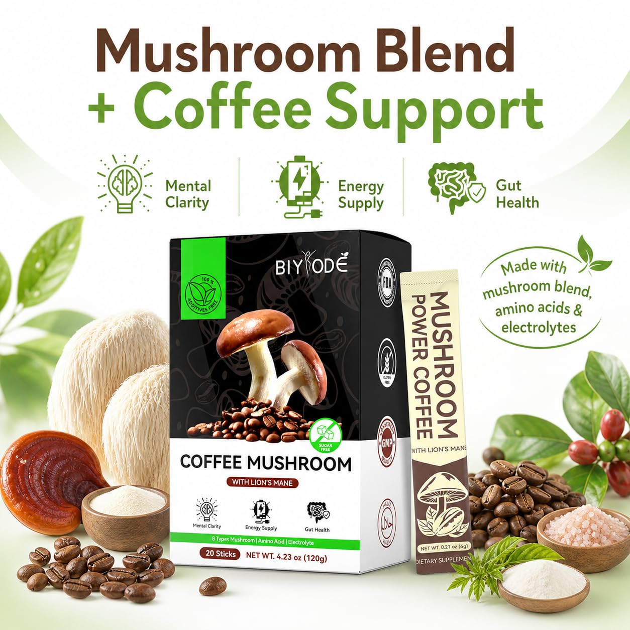 BIYODE Mushroom Coffee Instant Powder Sticks 4.23 oz