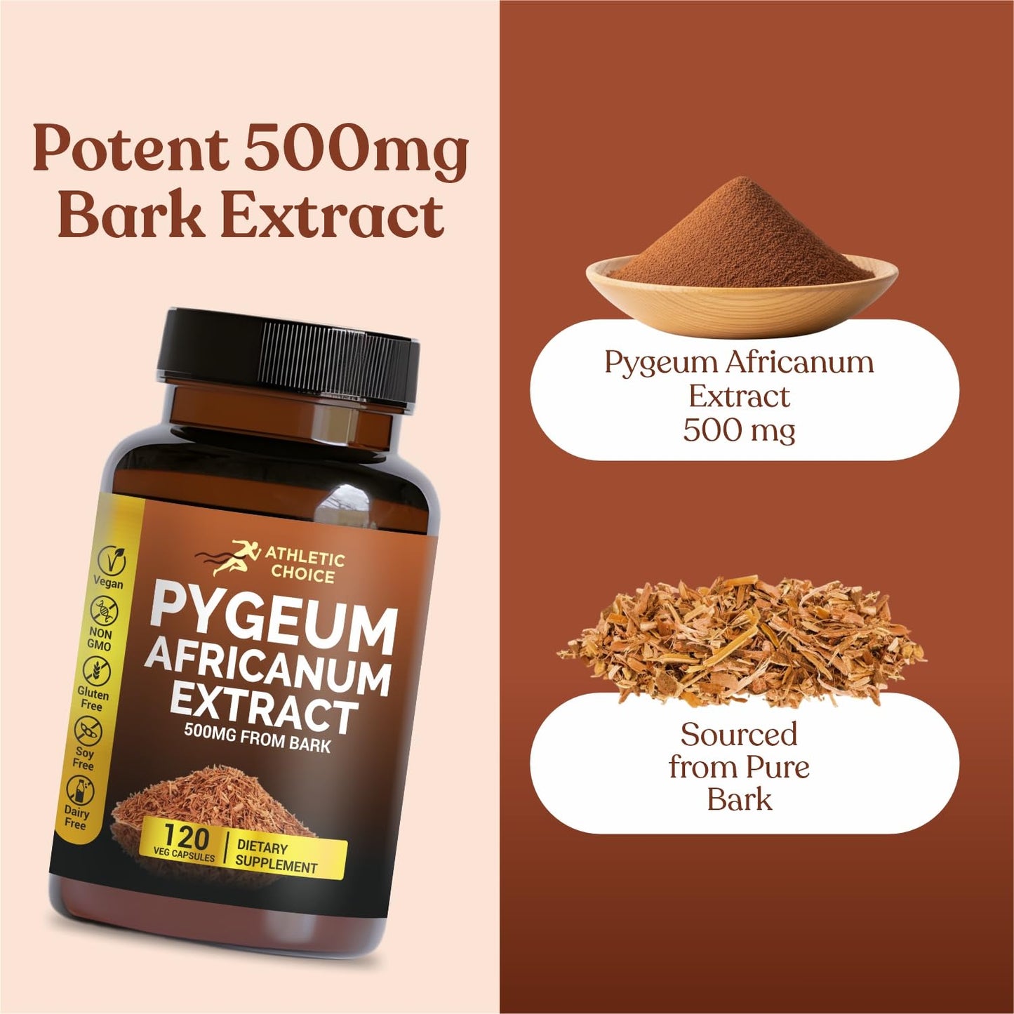 Athletic Choice Pygeum Africanum 500mg Bark Extract Capsules, 120 Count, Non-GMO & Gluten-Free Extra Strength Pygeum Supplement for Men and Women
