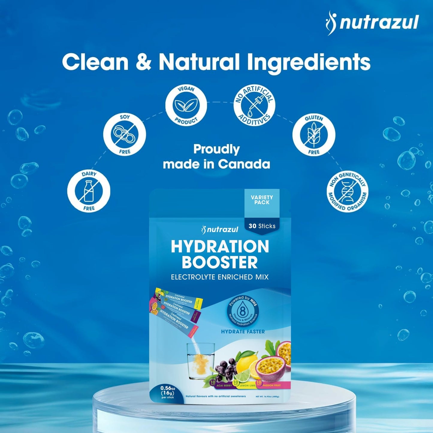 Nutrazul Hydration Booster Electrolytes (Powder Sticks) with Sodium, Potassium, Vitamin B6 & B12, No Artificial Sweeteners, Acai Berry, Lemon Lime & Passion Fruit Flavor, 30 Sticks