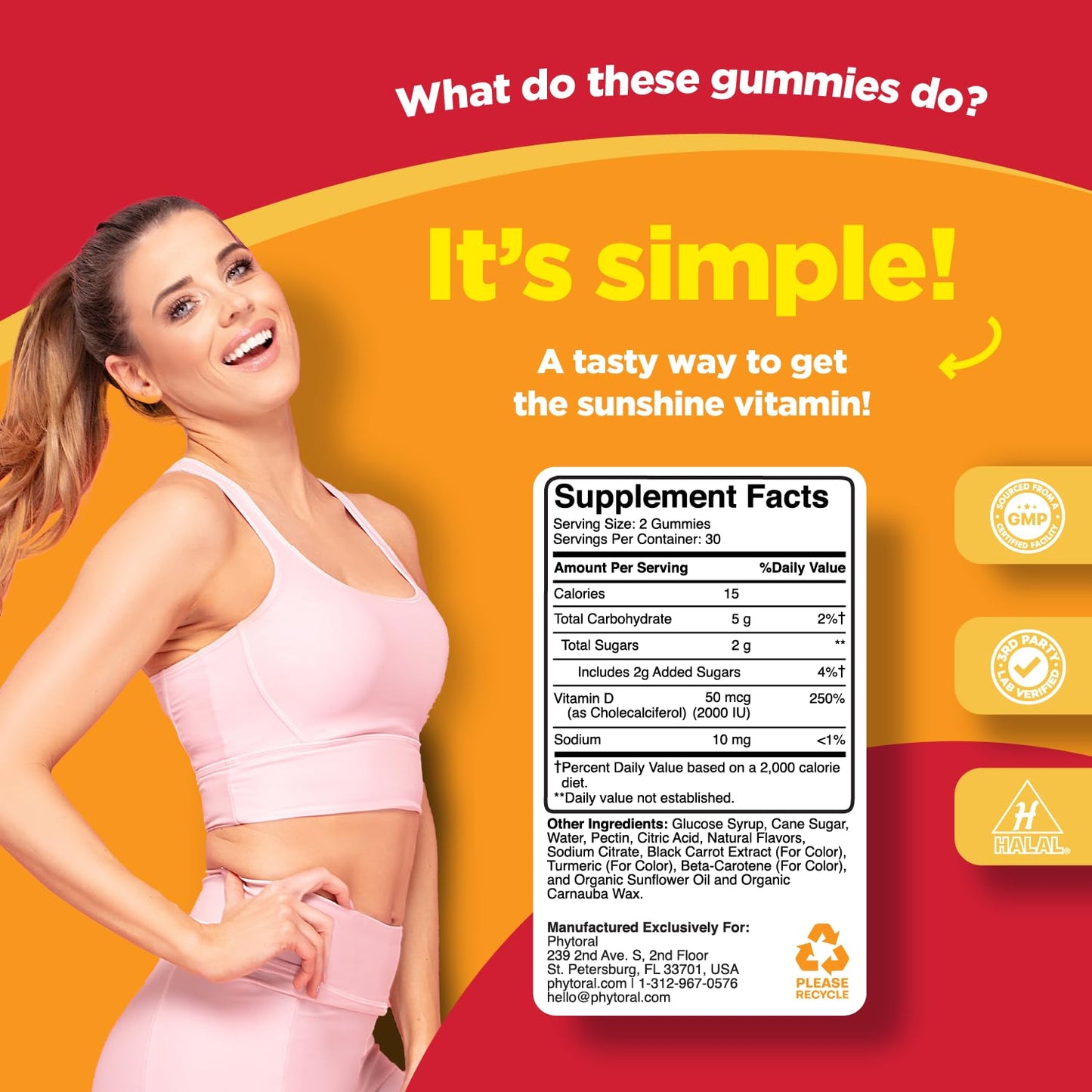 Phytoral Vitamin D3 Gummies 2000IU Per Serving Gluten and Gelatin Free Non-GMO, 60 Gummies