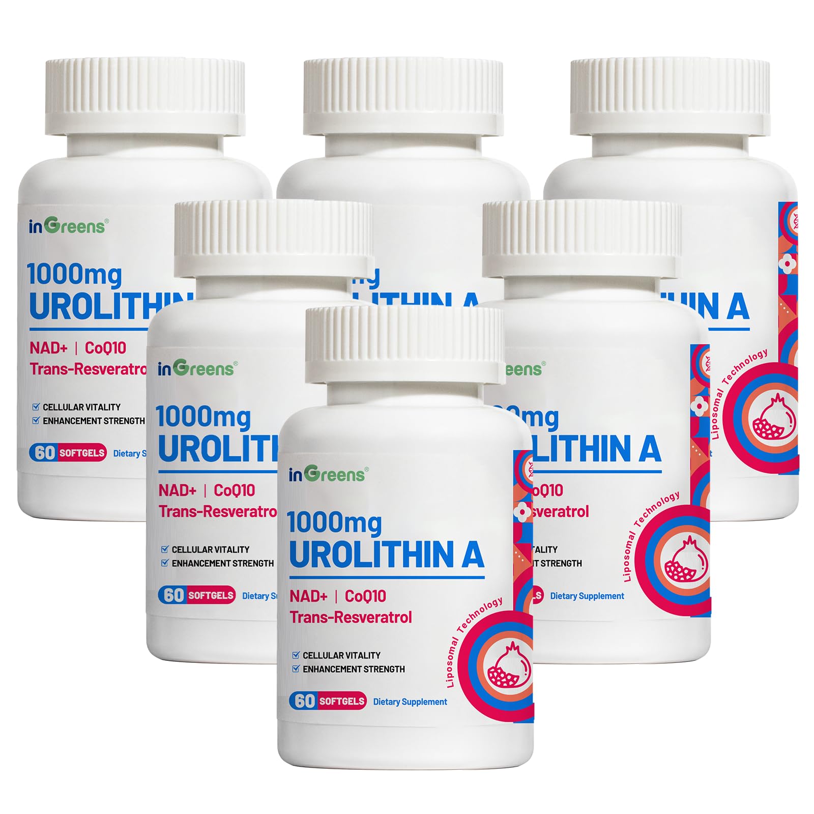 inGreens Urolithin A 1000mg with NAD+ 300mg, CoQ10 200mg, and Trans-Resveratrol 200mg Softgels, 360
