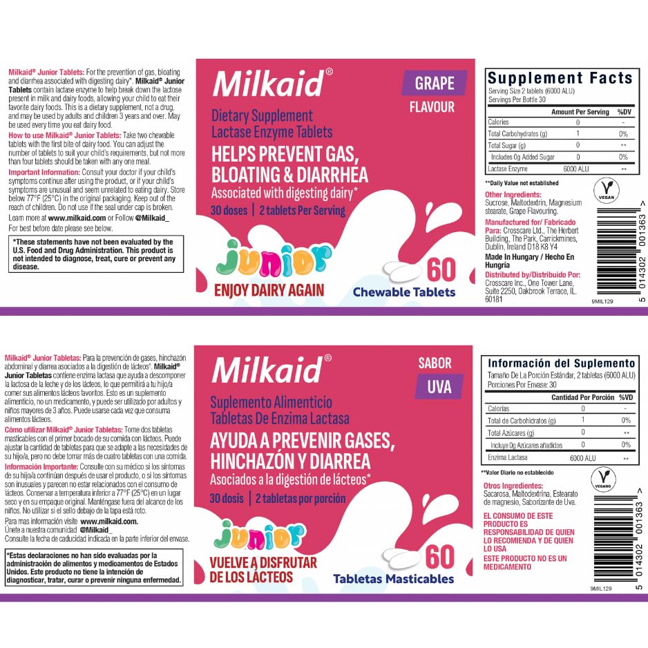 Milkaid Junior Lactase Enzyme Chewable Tablets, 60 Tablets