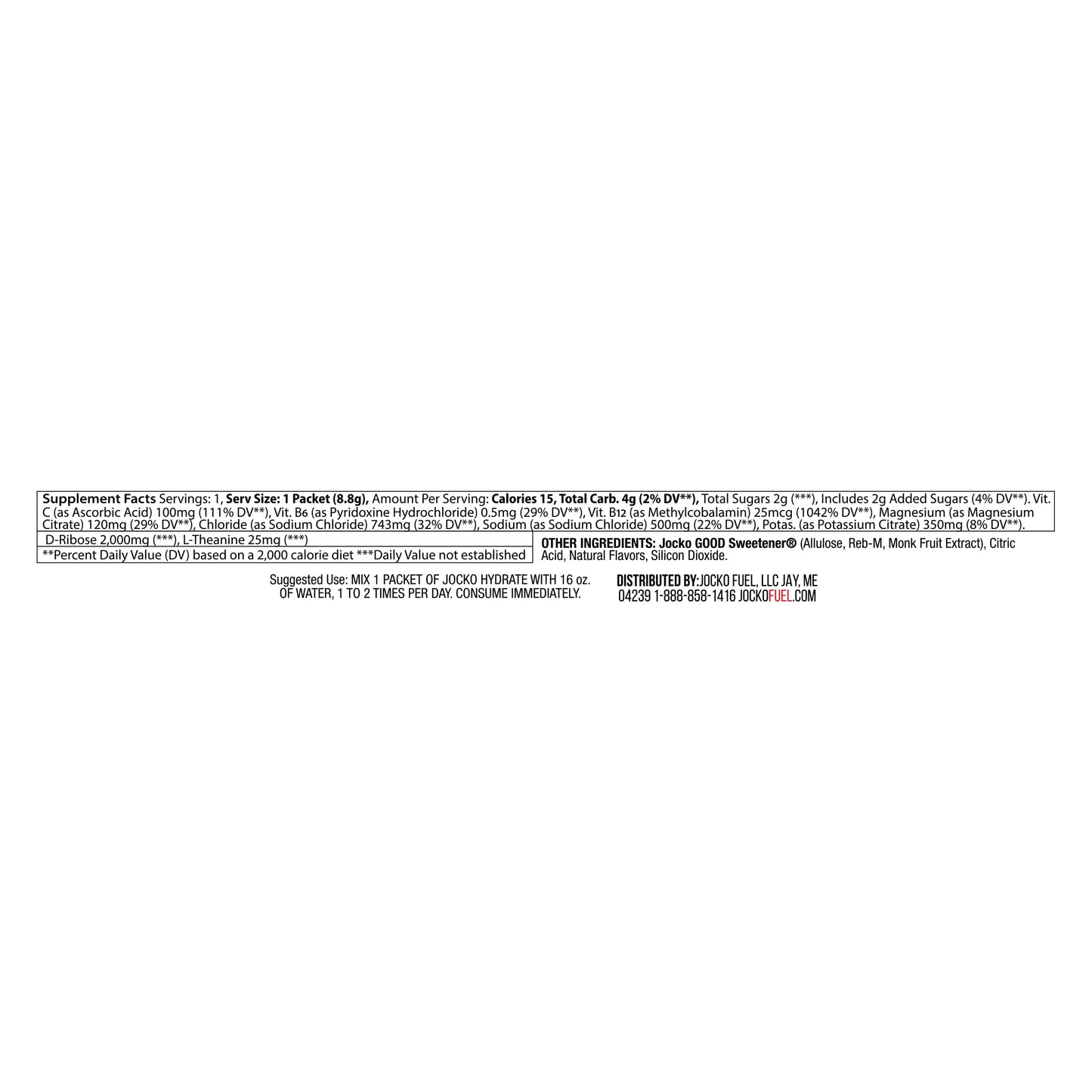 Jocko Fuel Hydrate Electrolytes Powder Packets Low Sugar, 16 Packets, Fruit Punch