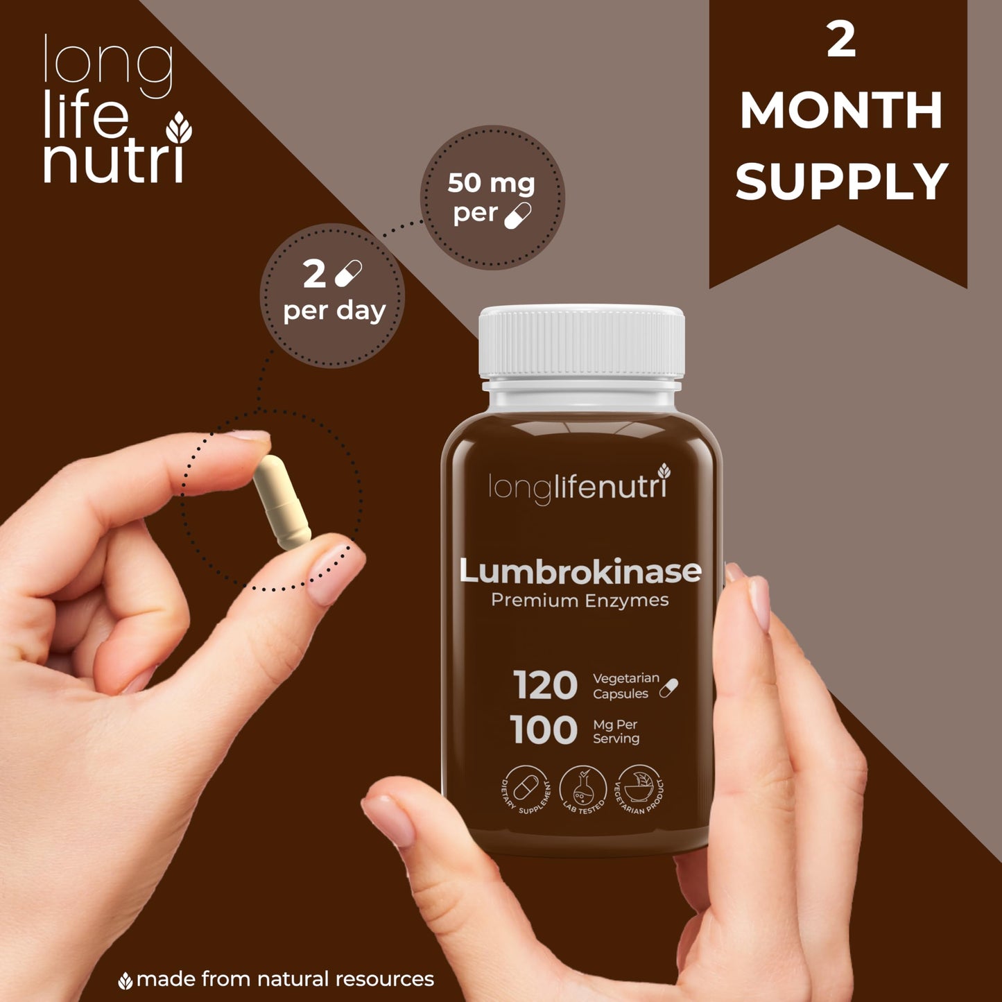 LongLifeNutri Lumbrokinase Supplement 100mg 120 Capsules