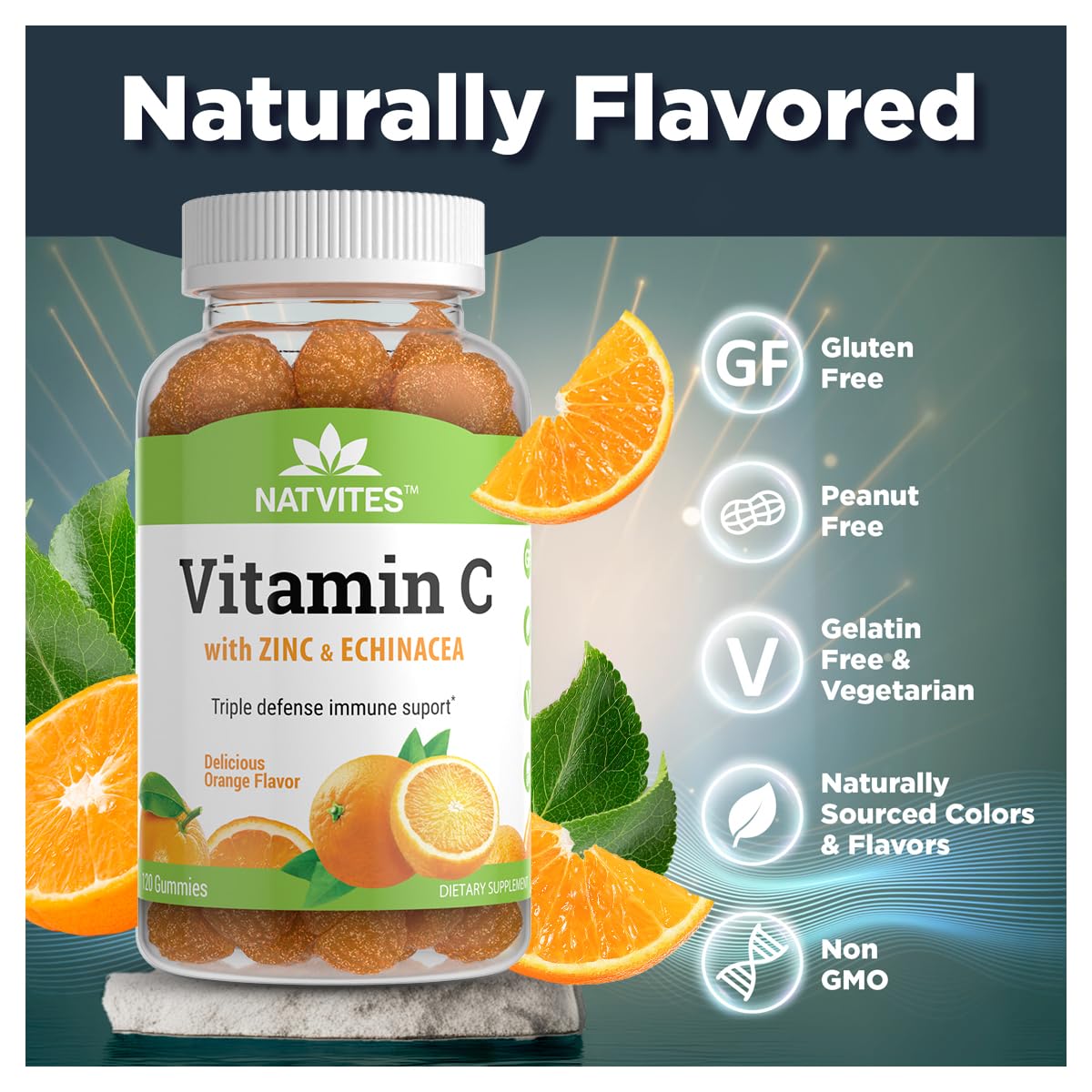 Natvites Vitamin C and Zinc Gummies with Echinacea and Rose Hips, 120 Count