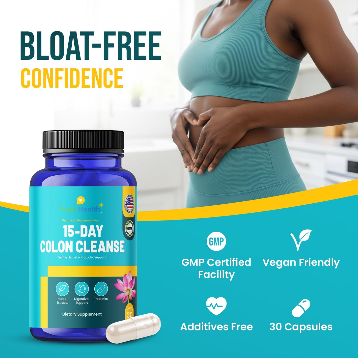 Peak Health Gentle Gut Cleanse 15 Day Digestive Comfort Support for Adults - Psyllium, Probiotics & Aloe, 30 Capsules