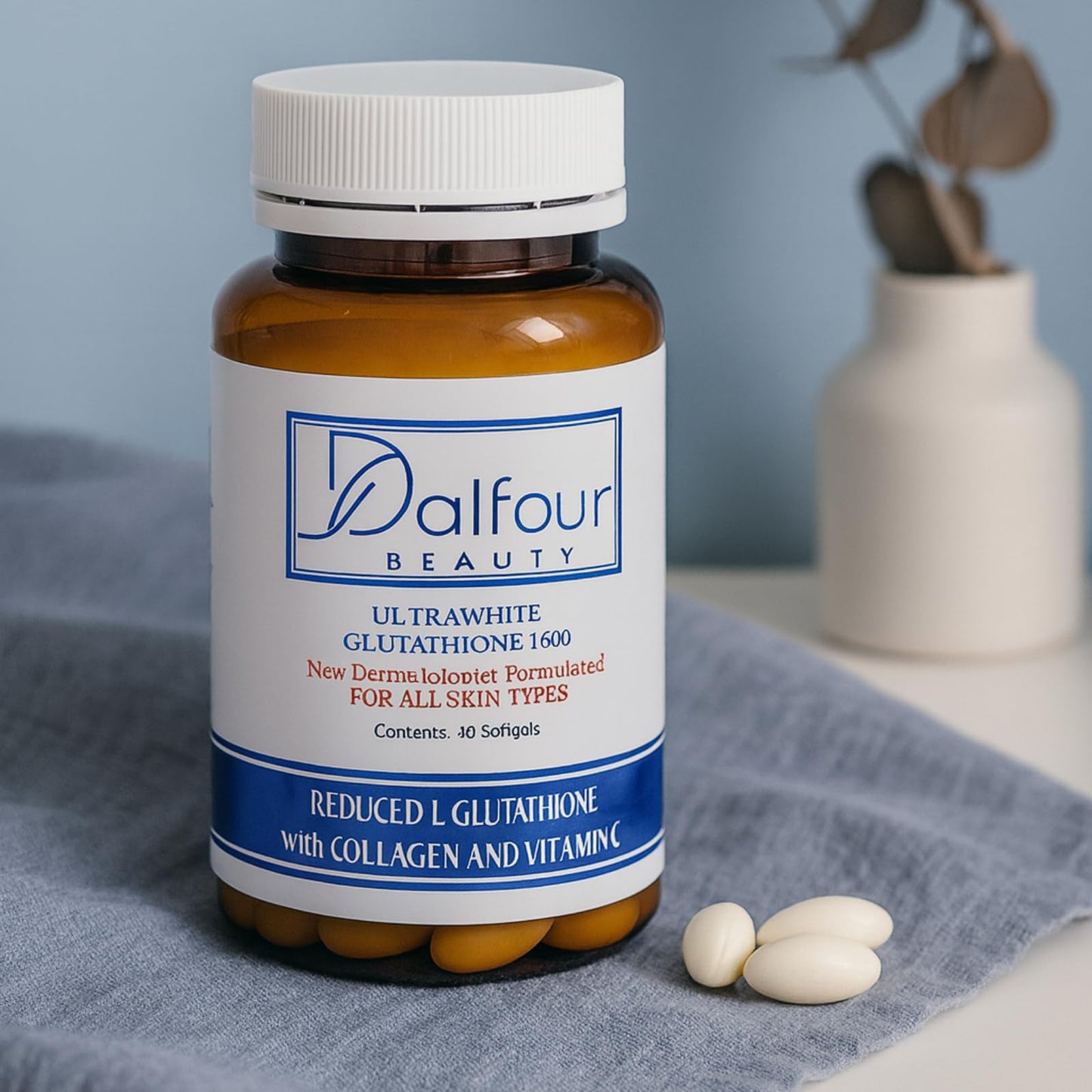 Dalfour Beauty Ultra Glutathione Capsules With Hydrolyzed Collagen & Vitamin C – 1600mg Reduced L-Glutathione Per Serving, 30 Capsules