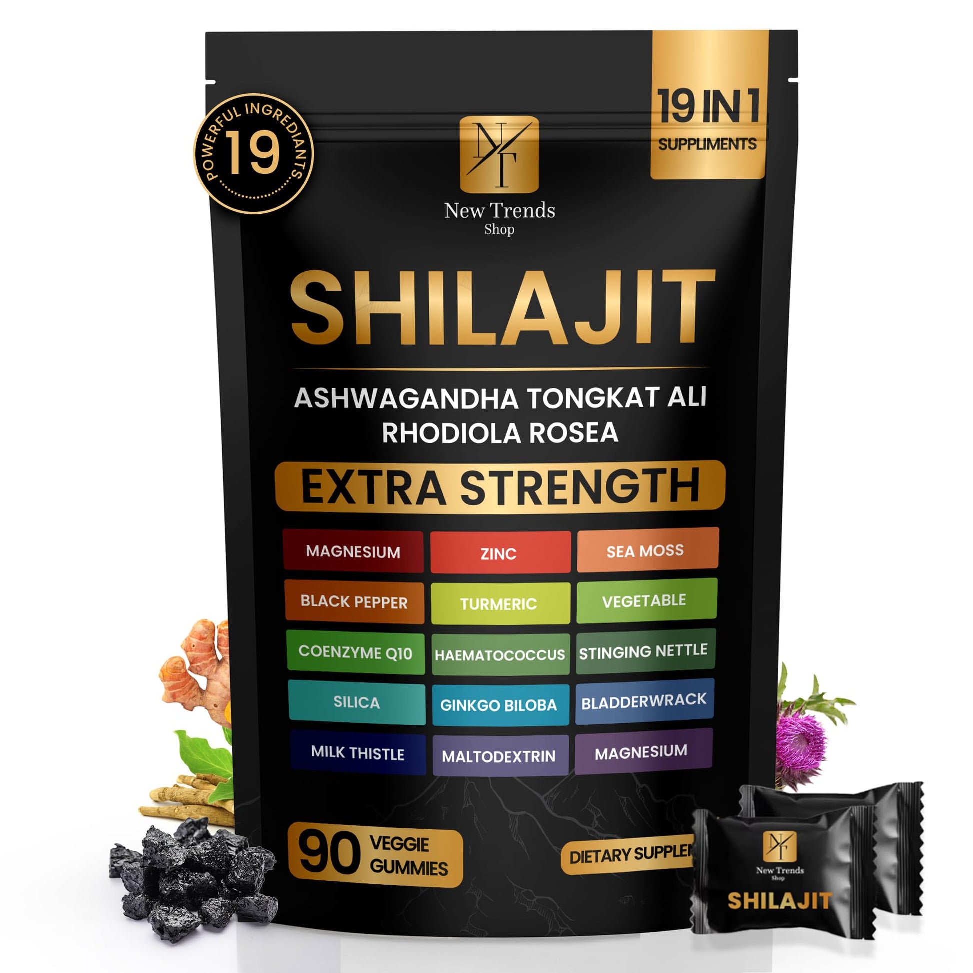 New Trends Shop Shilajit Gummies 19 in 1 with Sea Moss, Ashwagandha, Tongkat Ali, Pure Himalayan Organic Fulvic Acid - 90 Count