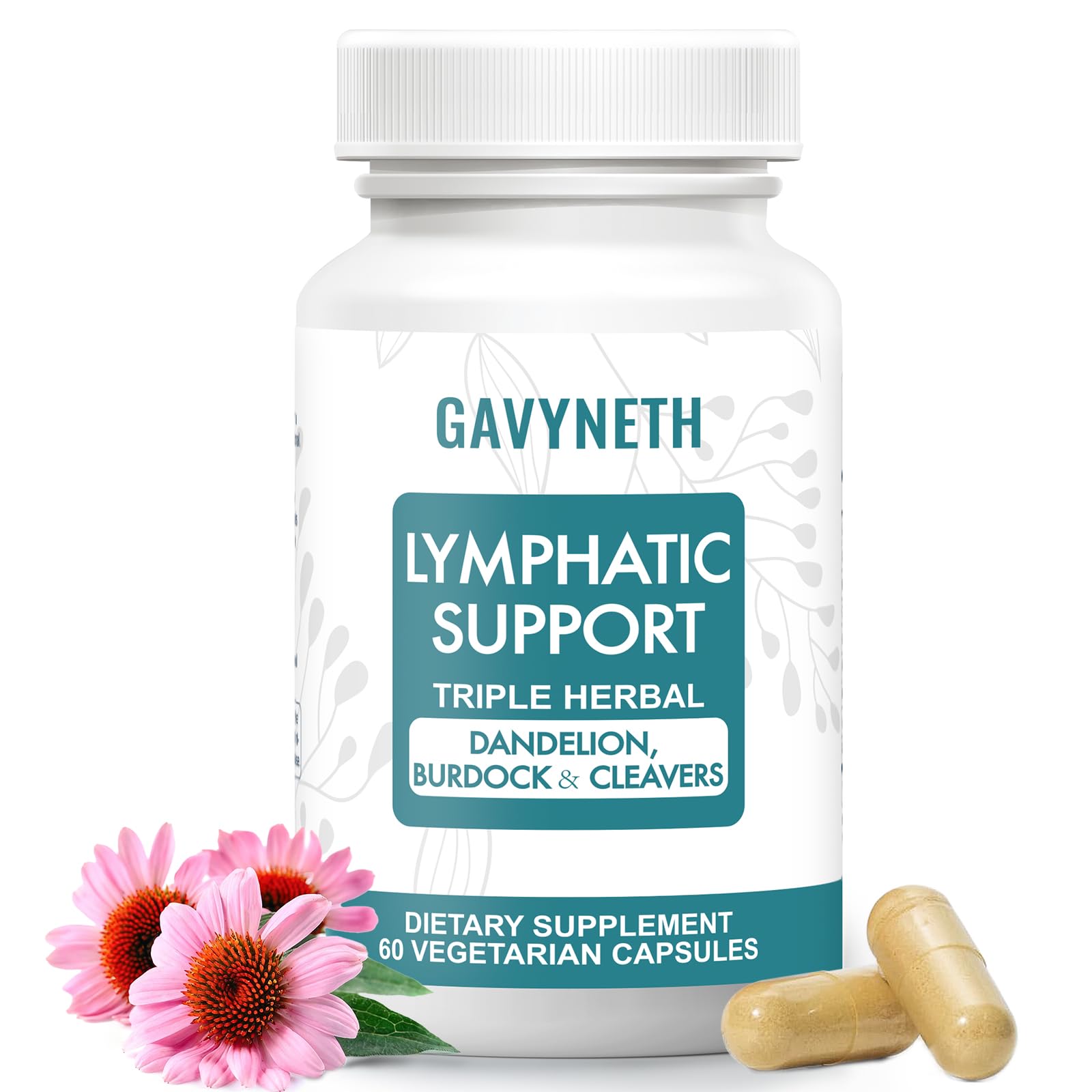 GAVYNETH Lymphatic Drainage Supplements for Lymph System Support with Echinacea, Dandelion & Burdock for Immune & Circulation Support, Vegan Herbal Formula for Women & Men, 60 Capsules