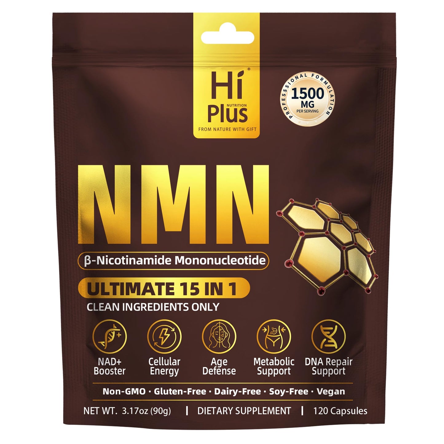 HiPlus NMN Supplement 1500mg per Serving 15-in-1 Complex Formula with Nicotinamide Mononucleotide, CoQ10, Quercetin, TMG, Resveratrol Supports Cellular Energy & NAD+ Balance 120 Capsules
