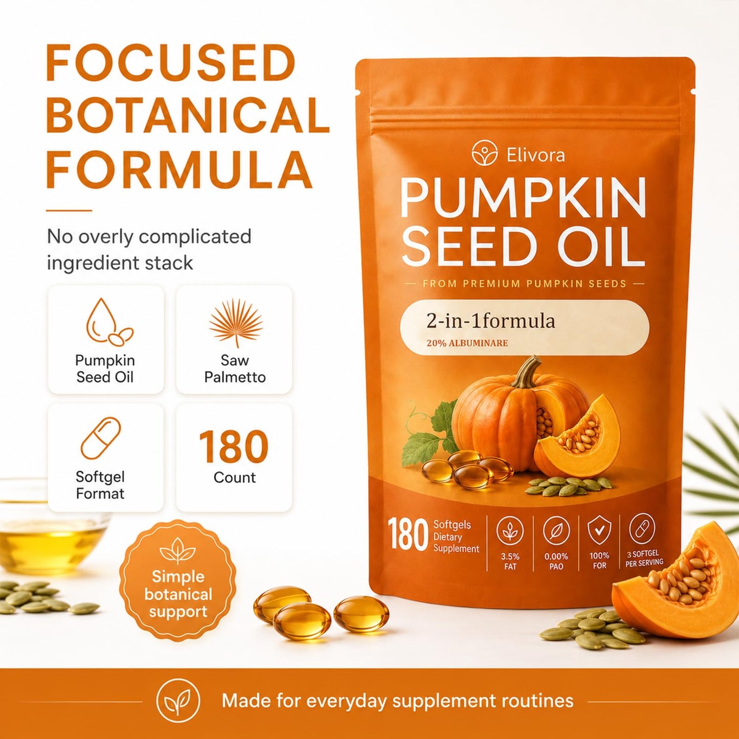 Golden Dunes Elivora Pumpkin Seed Oil Softgels with Saw Palmetto, 180 Softgels