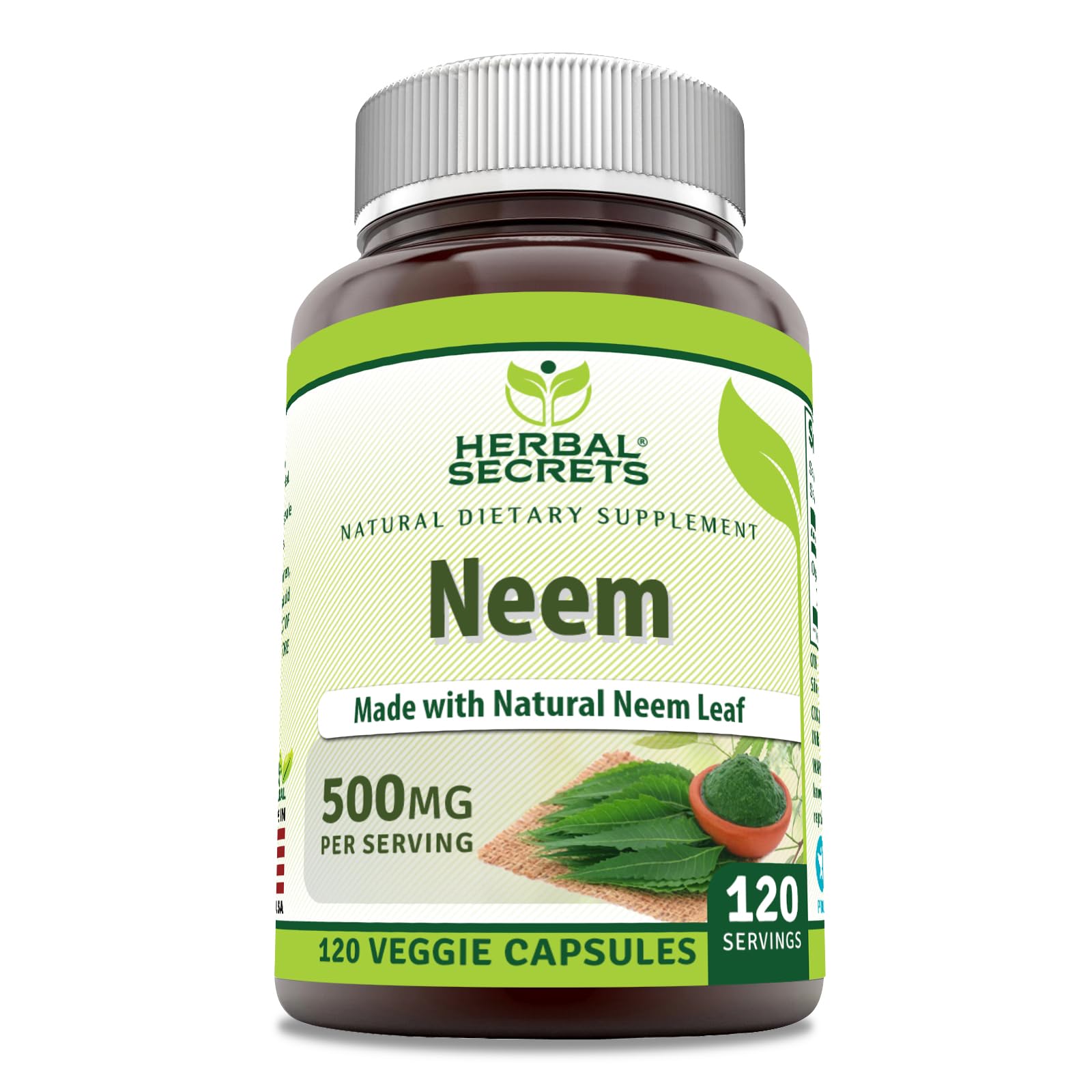 Herbal Secrets Neem Supplement Capsule, 120 Veggie Capsules, Non-GMO, Gluten Free, Made in USA