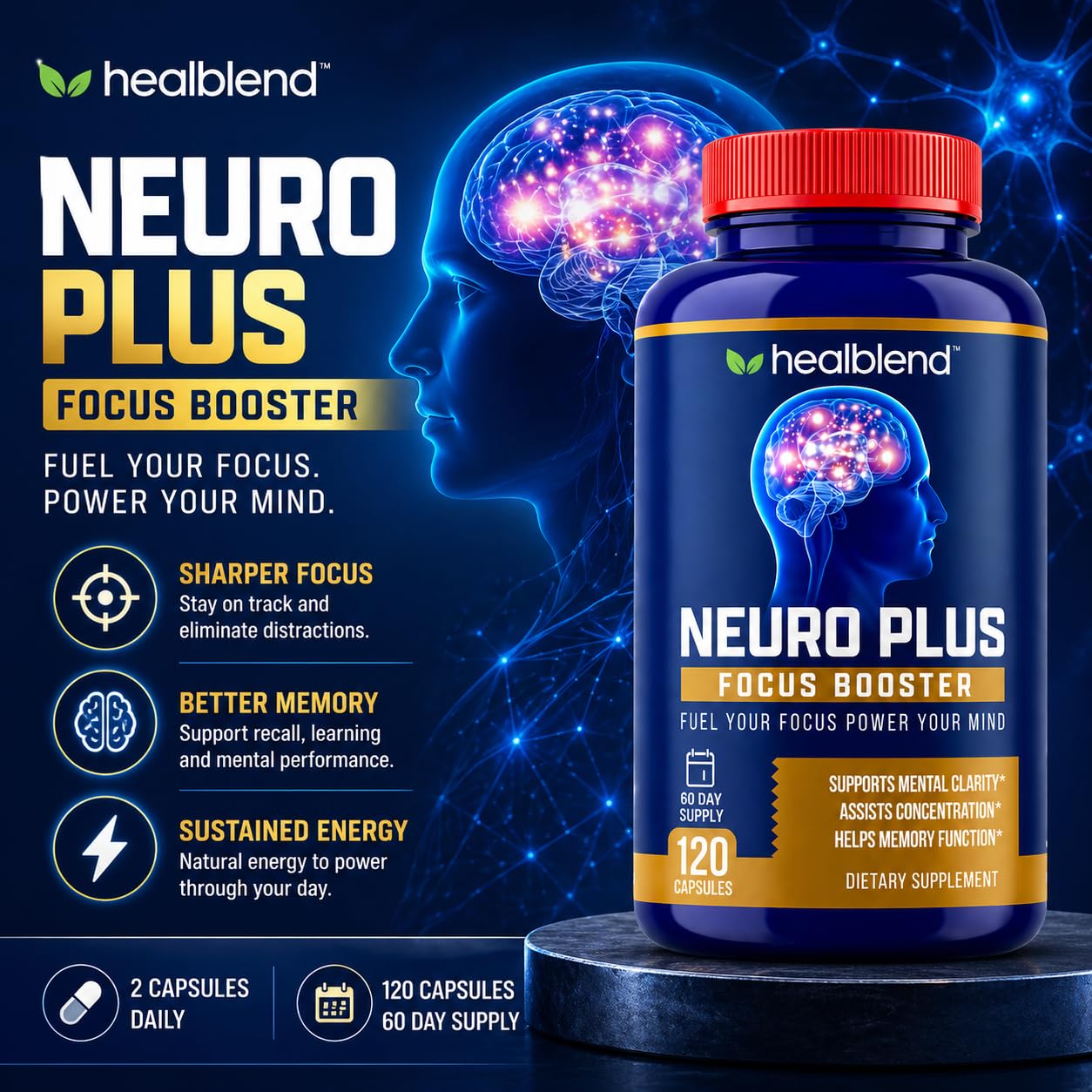 healblend Neuro Plus Focus Booster - Advanced Brain Support Supplement with Vitamin B6, B12, Folate - Improves Memory, Concentration, Mental Clarity & Cognitive Function, 120 Capsules