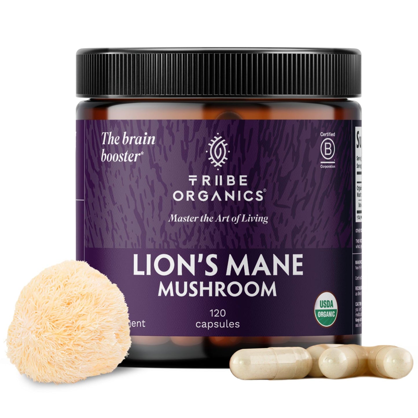 TRIBE ORGANICS Lion’s Mane Supplement 1000mg Mushroom Extract Powder, 120 Capsules
