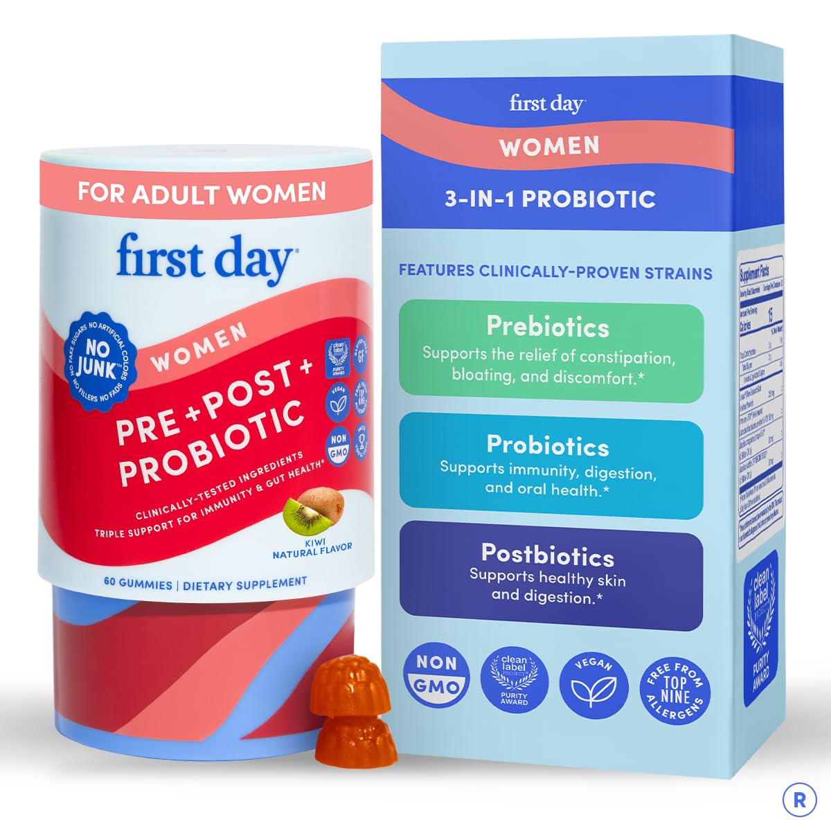 FIRST DAY 3-in-1 Probiotic Gummies – Prebiotic + Probiotic + Postbiotic Supplement – Supports Digestive & Oral Health, Immune Function & Energy Levels, 60 Gummies
