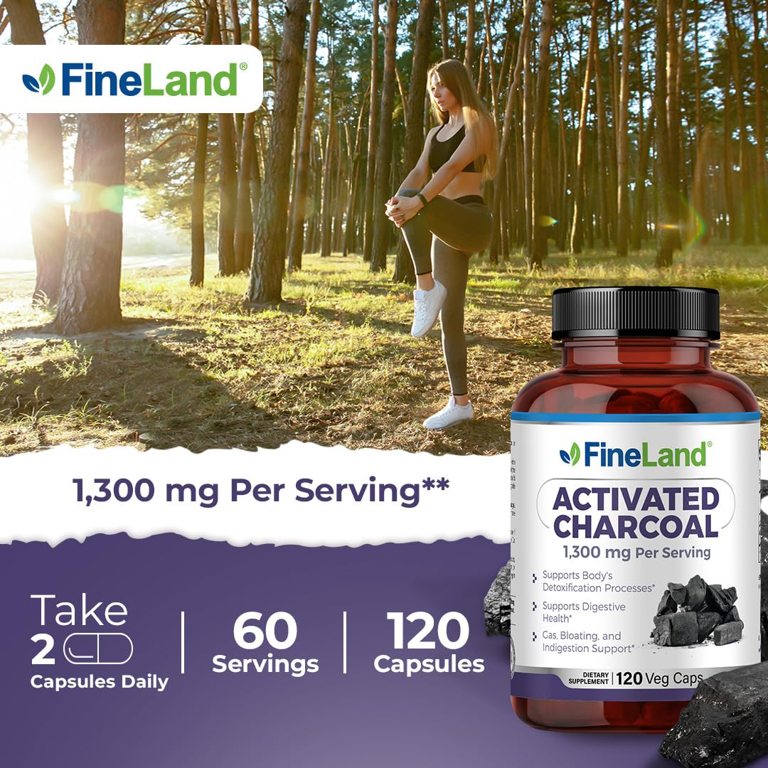 FineLand Activated Charcoal 1300mg Capsules, 120 Count