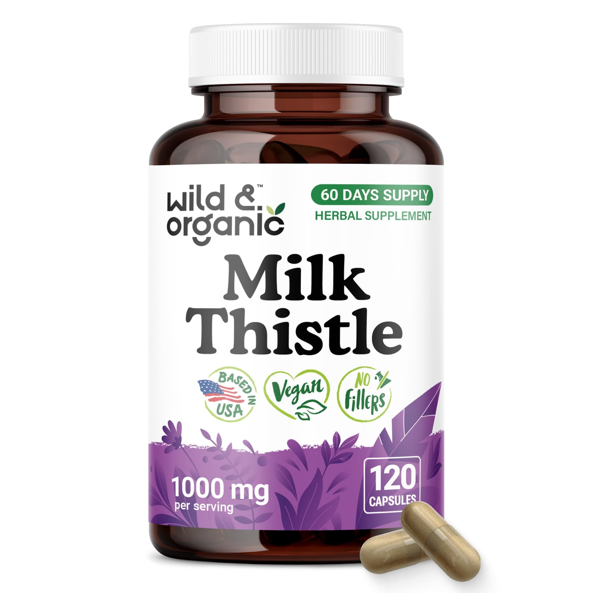 Wild & Organic Milk Thistle 1000mg Capsules, Liver Support, 120 Count