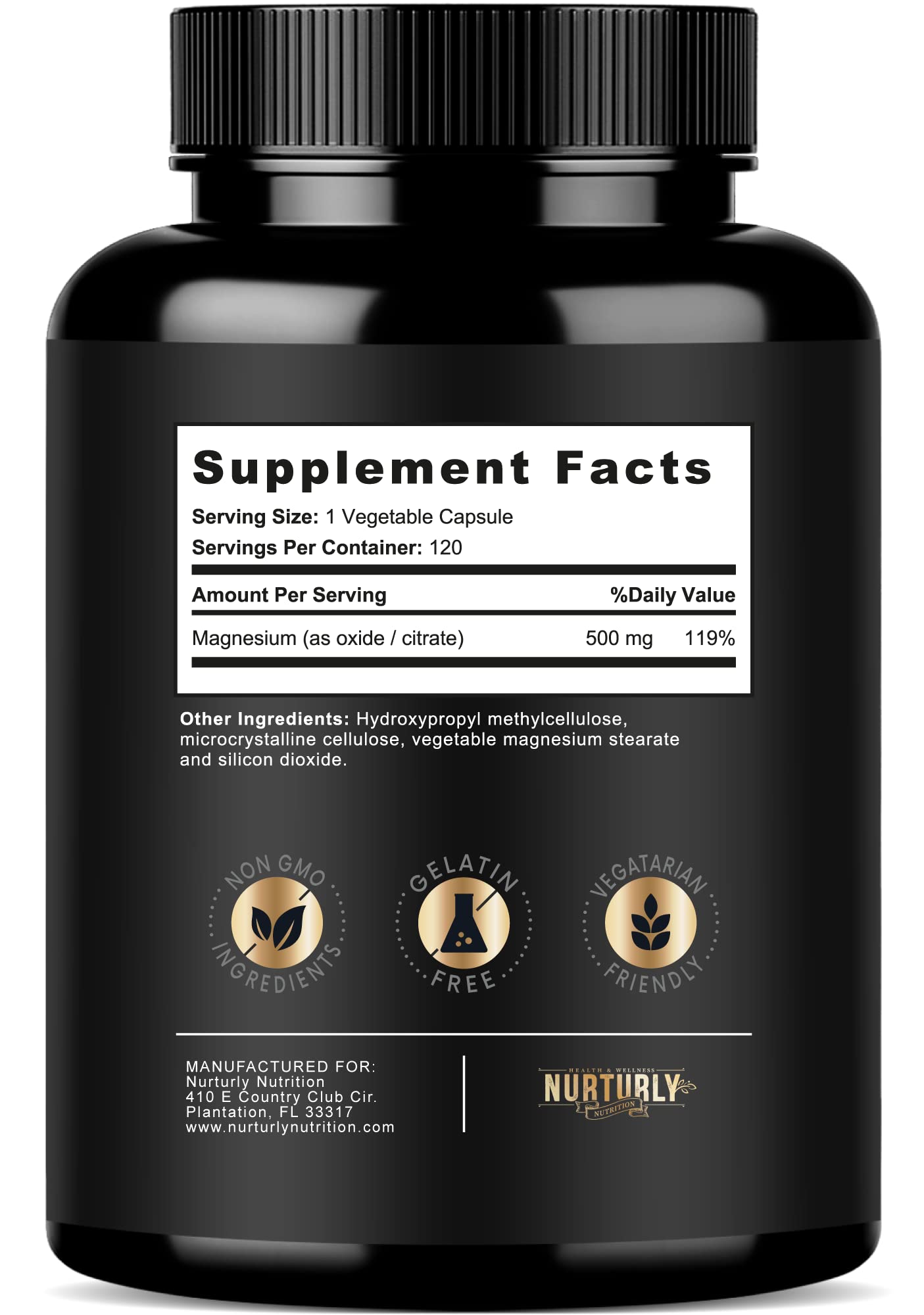 NURTURLY Magnesium Citrate & Oxide 500mg Complex Supplement Capsule, 120 Count