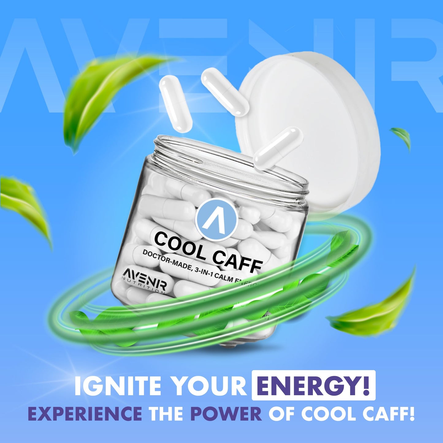 Avenir Nutrition Cool Caff Energy Supplements, L-Theanine and Caffeine - Energy Boost and Focus - Pre Workout for Women and Men, Coffee Alternative, 60 Capsules