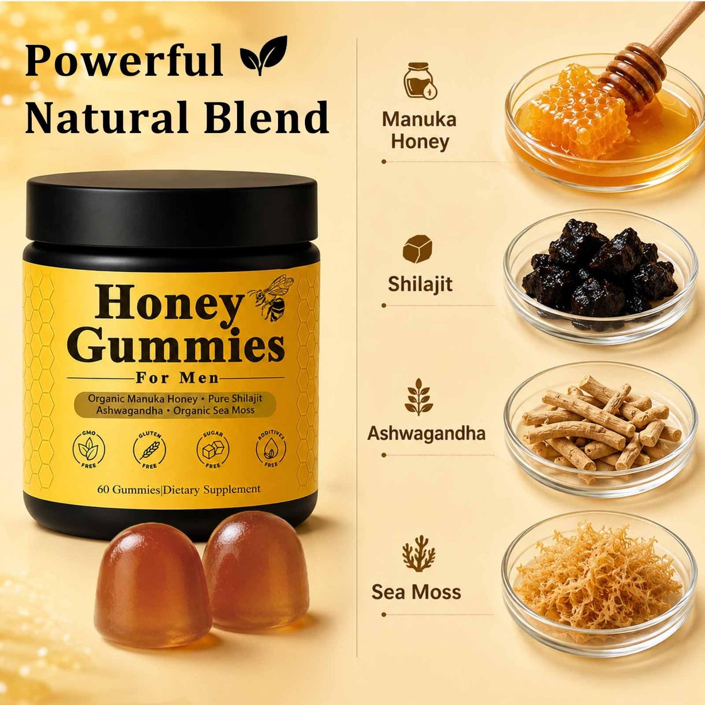 INFNTVITA Men’s Manuka Honey Gummies – Shilajit, Sea Moss & Ashwagandha Blend – Daily Energy, Stamina & Vitality Support – 60 Gummies