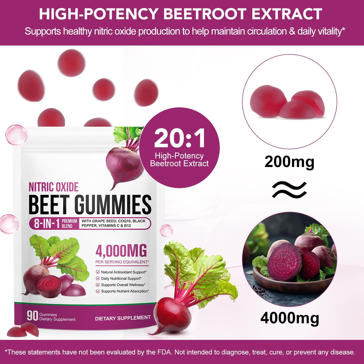 TAKNFDMY Beet Root Gummies 8 in 1 with CoQ10, Grape Seed, Vitamin C & B12 Sugar Free, 180 Gummies