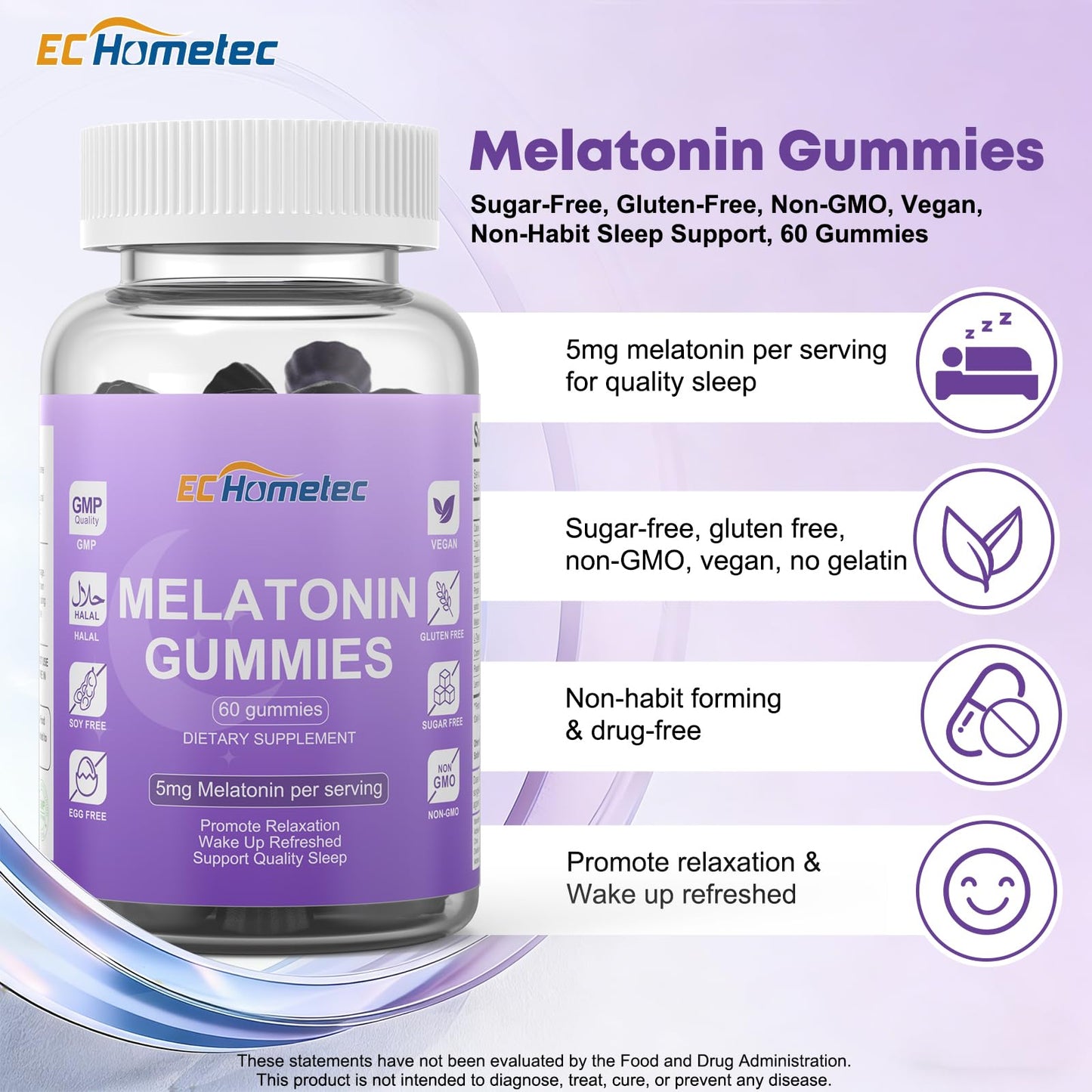 EC Hometec Melatonin Gummies 5mg Sugar-Free Sleep Support for Adults Mulberry Flavor, 60 Count