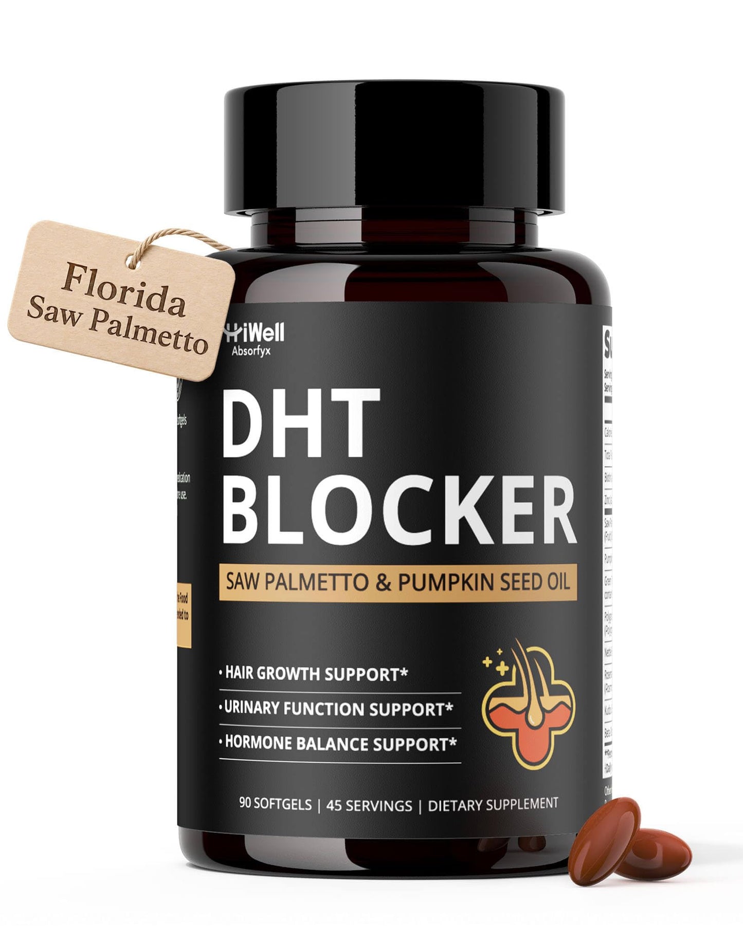 HiWell Absorfyx DHT Blocker for Men, 10-in-1 Hair Growth Supplement with Florida Grown Saw Palmetto 320mg, GMO Free, Gluten Free, for Thinning Hair, Hairline & Crown Support, 90 Softgels