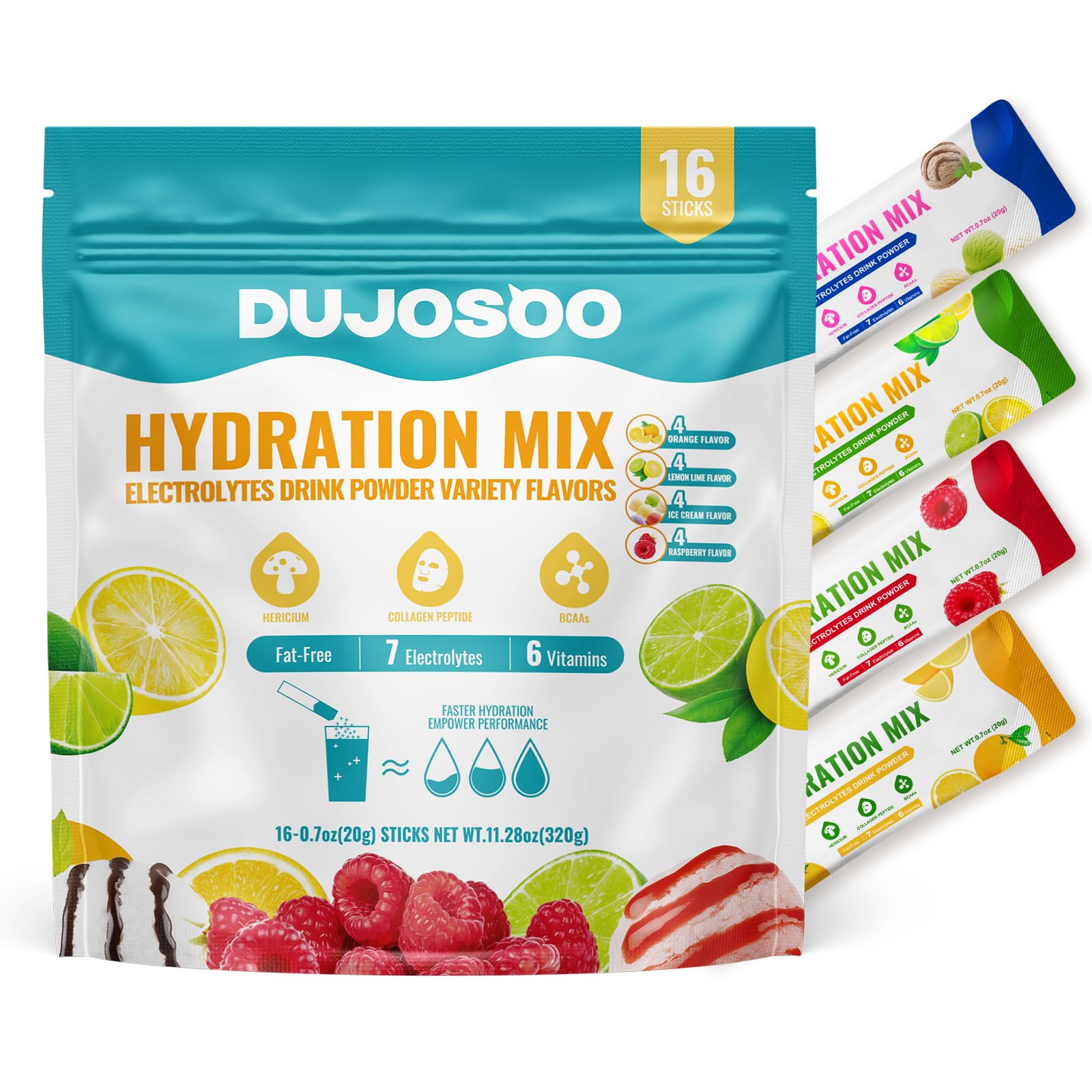 Dujosoo Electrolyte Powder, Sugar-Free Variety Flavors, Orange, Lemon, Raspberry, Ice Cream, 7 Electrolytes, 6 Vitamins, Lion's Mane, Collagen, BCAA, Vegan, Non-GMO, 11.36 oz