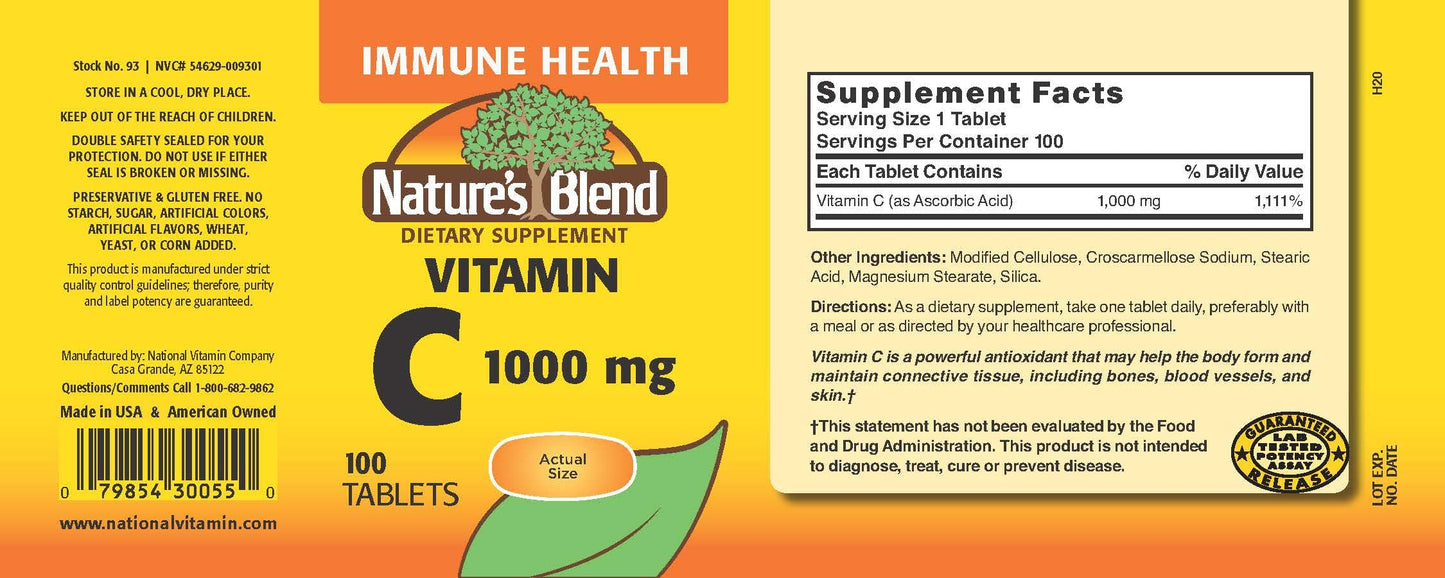 Nature's Blend Vitamin C 1000 mg Tablet, 100 Tablets