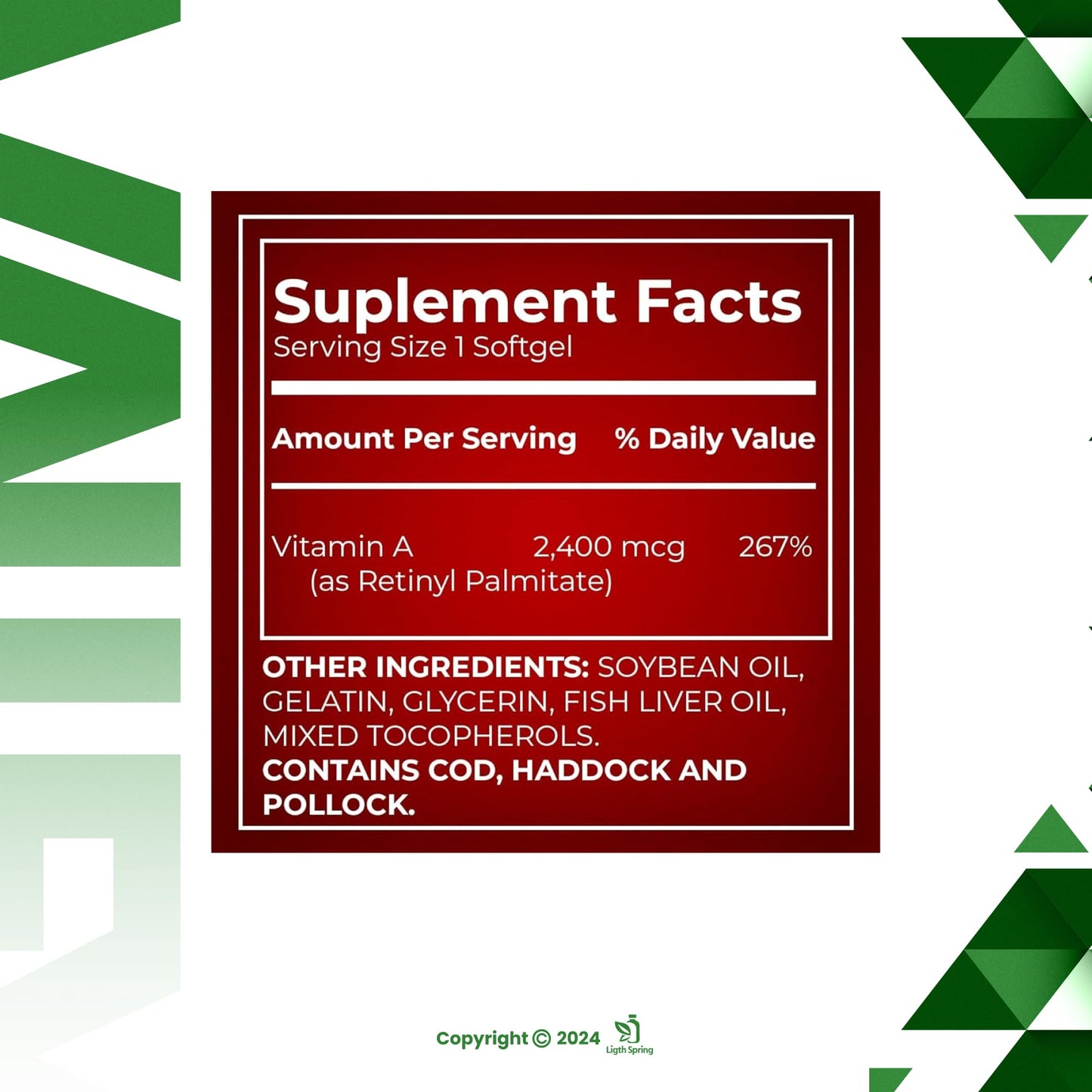 LightSpring Vitamin A Supplement 2400 mcg, 250 Softgels