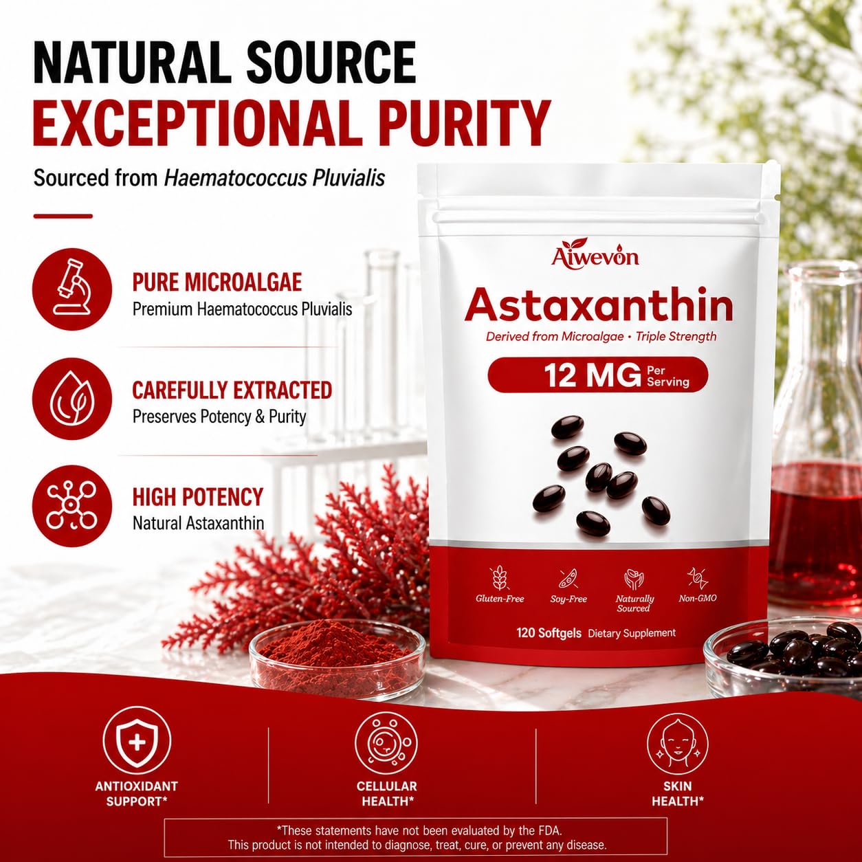 Aiwevon Astaxanthin Supplement 12mg Softgels, 120 Count