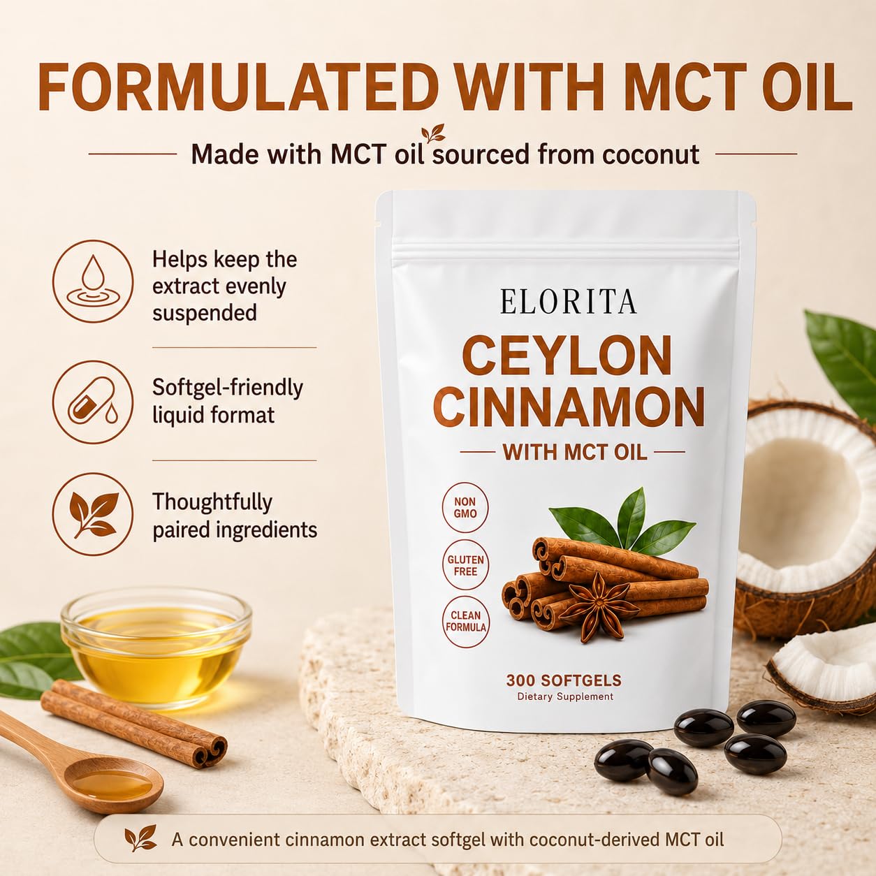 JointVance Elorita Ceylon Cinnamon Softgels with MCT Oil 300 Count