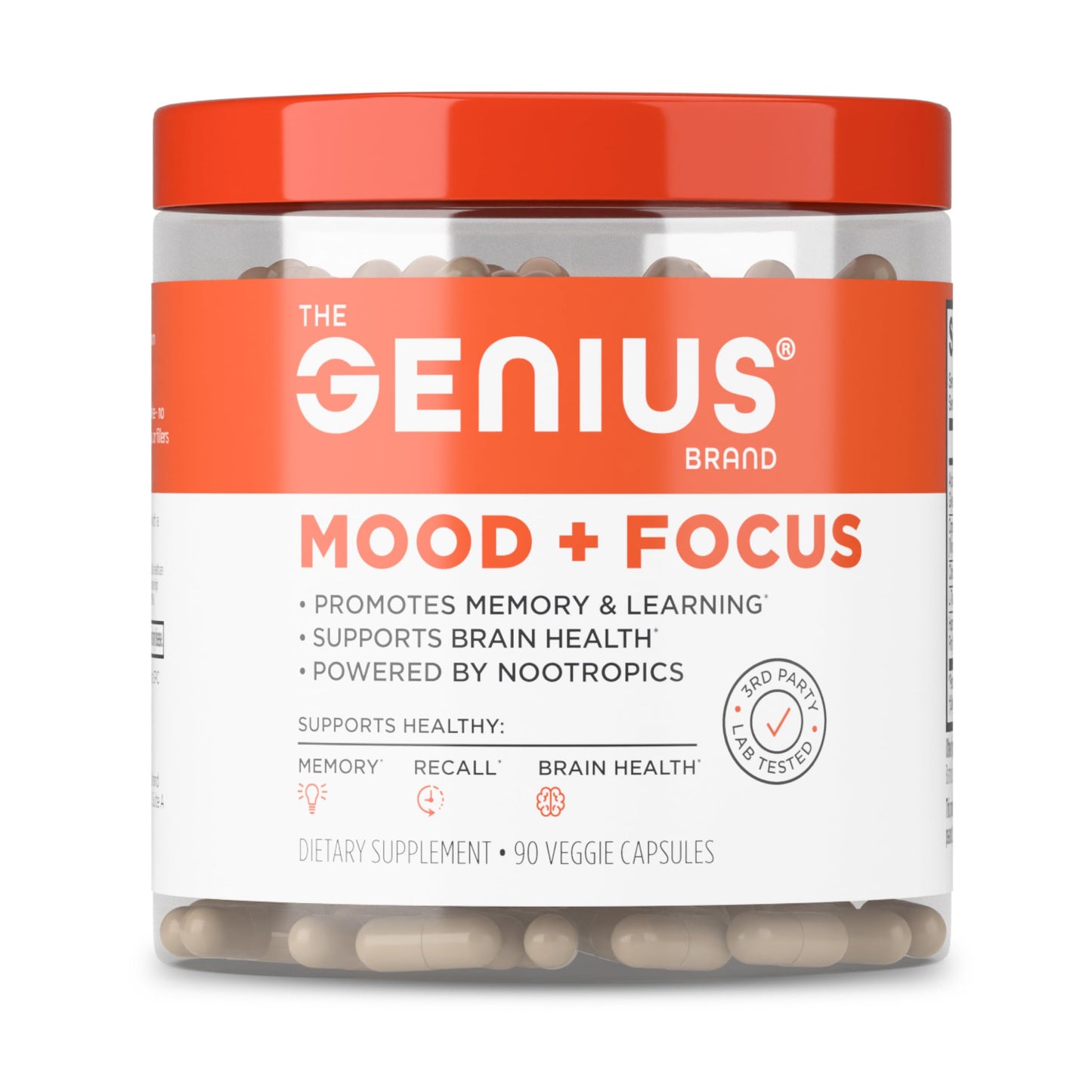 The Genius Brand Genius Mood+Focus Nootropic Supplement with Organic Lion’s Mane, Alpha GPC & More for Brain Health - Memory Support & Focus Support, Non-GMO, 90 Capsules