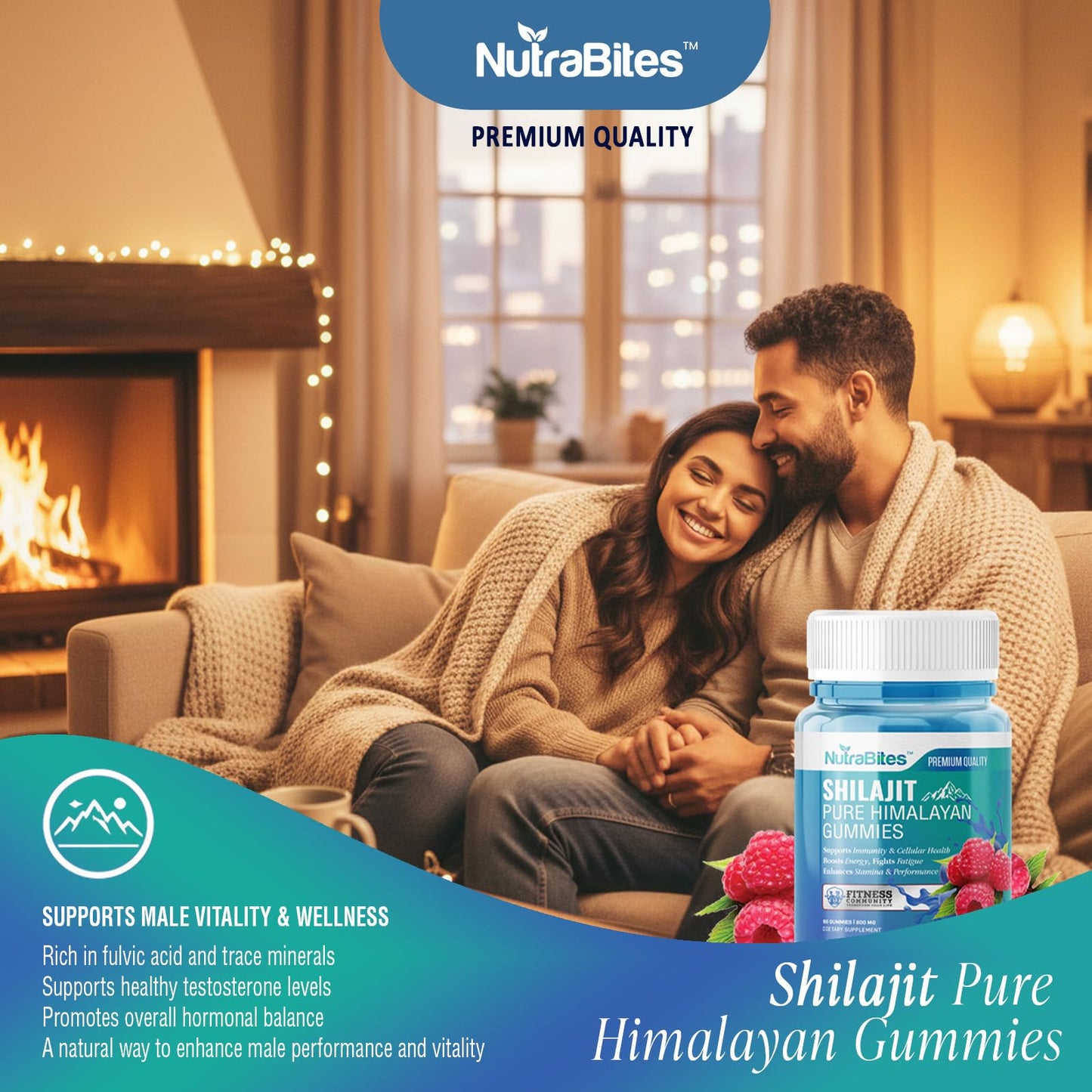 NutraBites Shilajit Gummies with Ashwagandha – Energy, Stamina & Performance Support, 800mg Shilajit, Fulvic Acid, Male Vitality, Vegan Raspberry Flavor, 60 Gummies