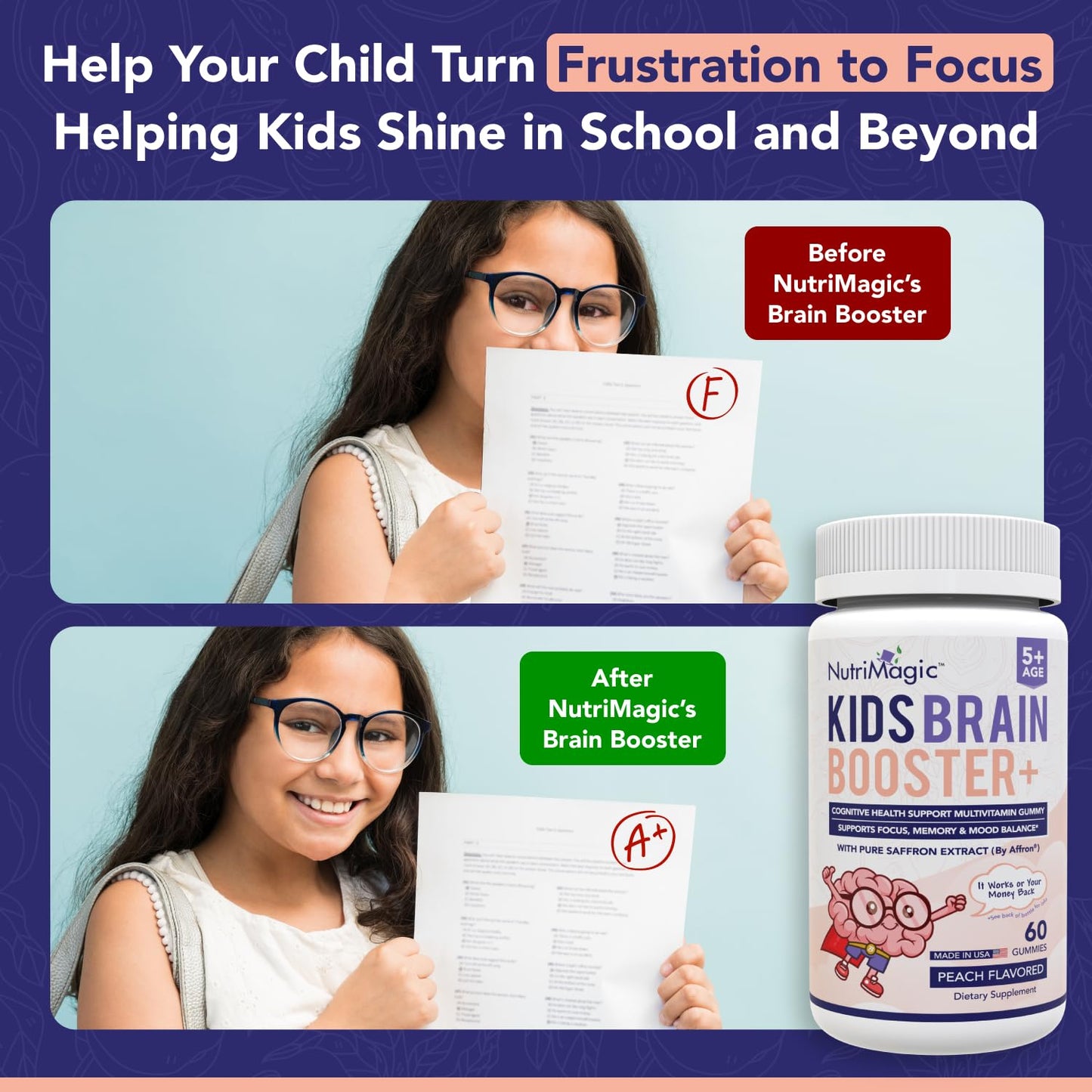 NutriMagic Kids Brain Booster+ Affron Saffron Extract 2IN1 Cognitive Support & Multivitamin D3, B6, B12, Zinc Gummies, 60 Count