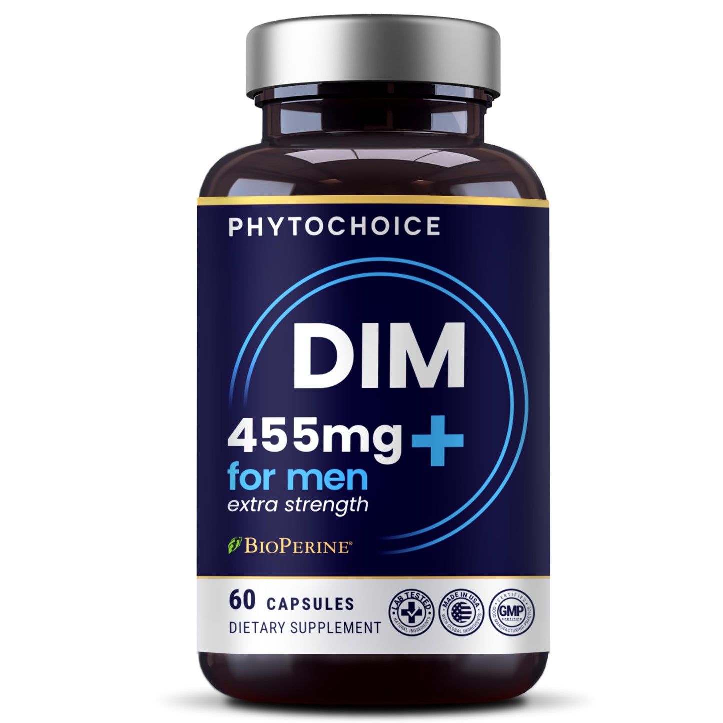 PHYTOCHOICE DIM for Men 350mg High Potency with BioPerine® & Broccoli Extract – 455mg Total Complex for Estrogen Balance & Hormone Optimization, Advanced DIM Supplement for Men, Clean Absorption Formula, 60 Capsules