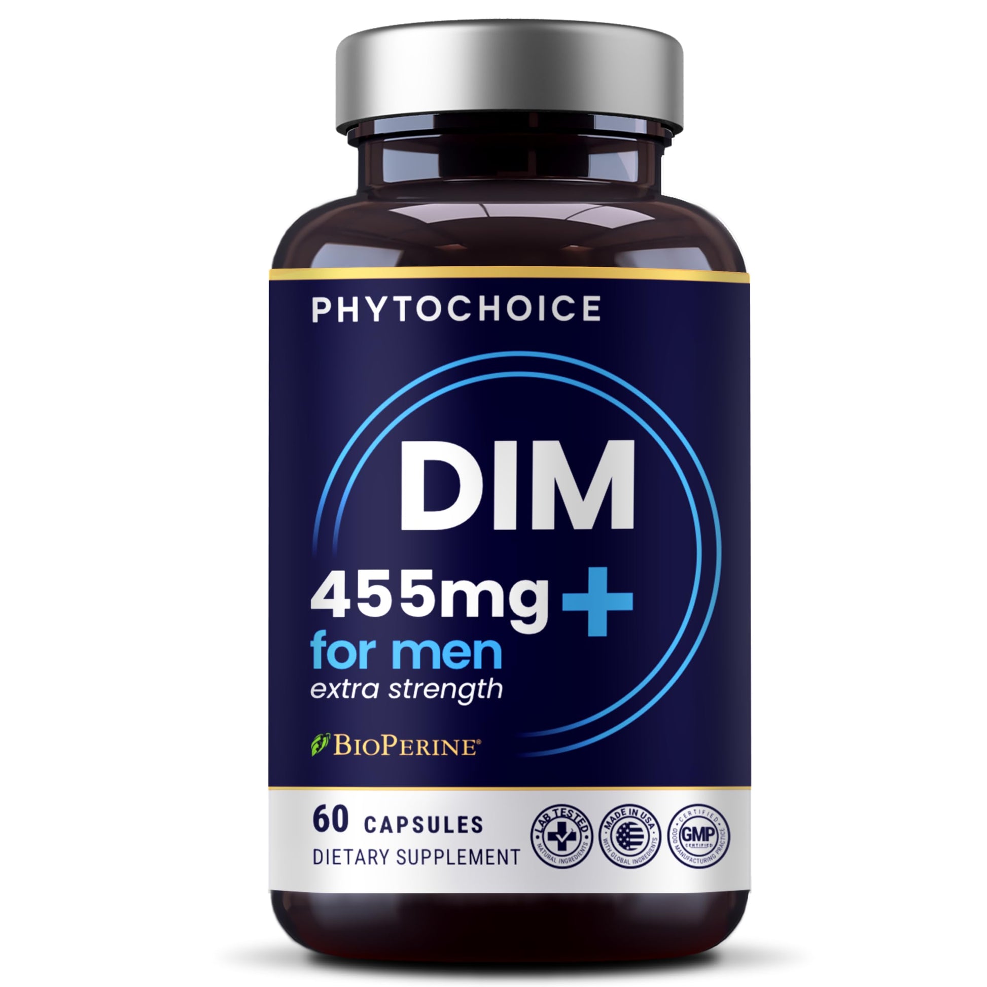 PHYTOCHOICE DIM for Men 350mg High Potency with BioPerine® & Broccoli Extract – 455mg Total Complex for Estrogen Balance & Hormone Optimization, Advanced DIM Supplement for Men, Clean Absorption Formula, 60 Capsules
