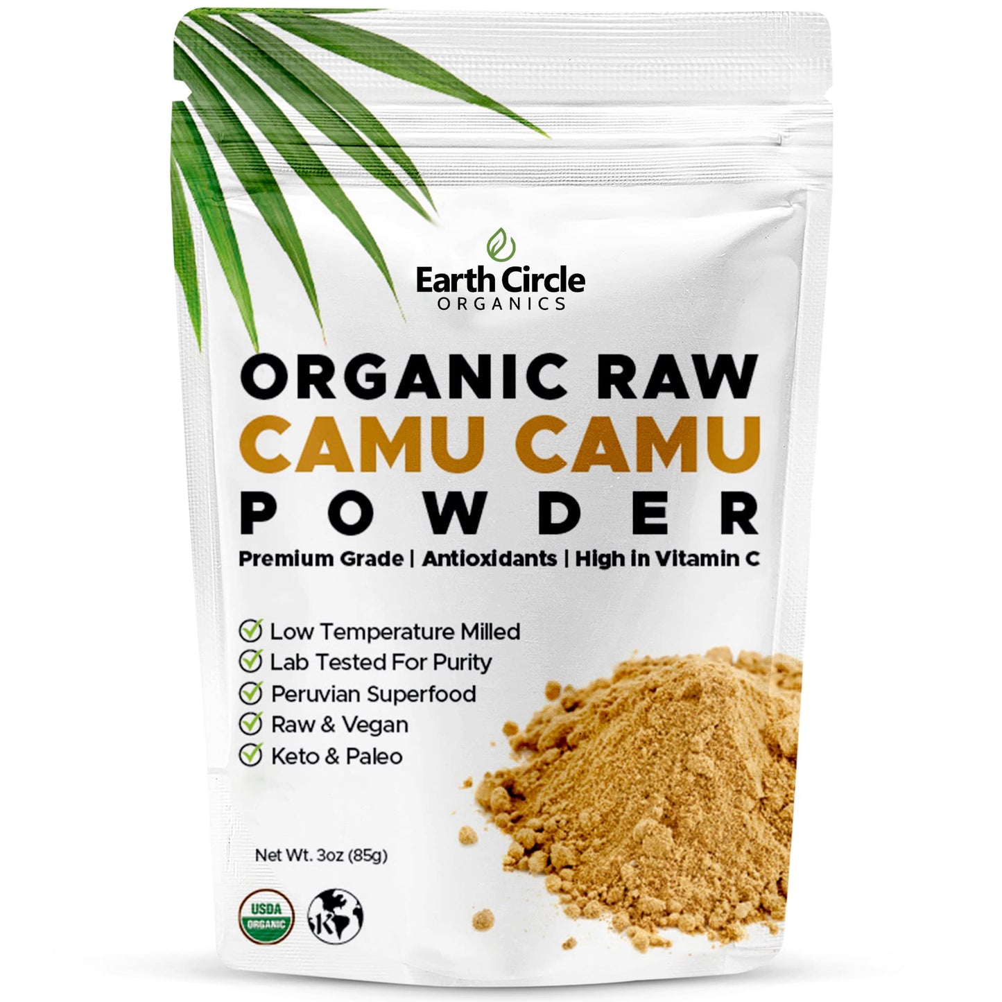 Earth Circle Organics Camu Camu Powder – Organic Raw Berry Powder with Natural Vitamin C & Antioxidants – Vegan, Kosher, Non-GMO Superfood for Immunity & Energy, 3 oz