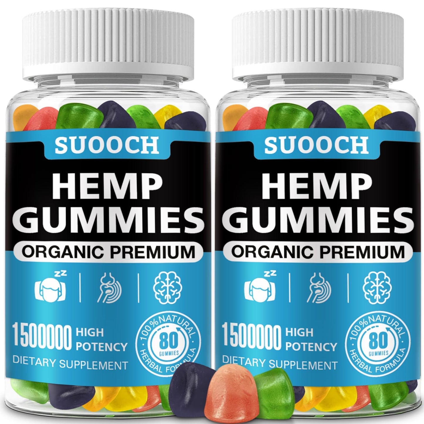 SUOOCH Hemp Gummies for Sleep, Anxiety, Pain & Inflammation Relief Edible with Omega & Vitamin Premium Fruity Flavors, Natural Candy High Potency 160 Count Gummies