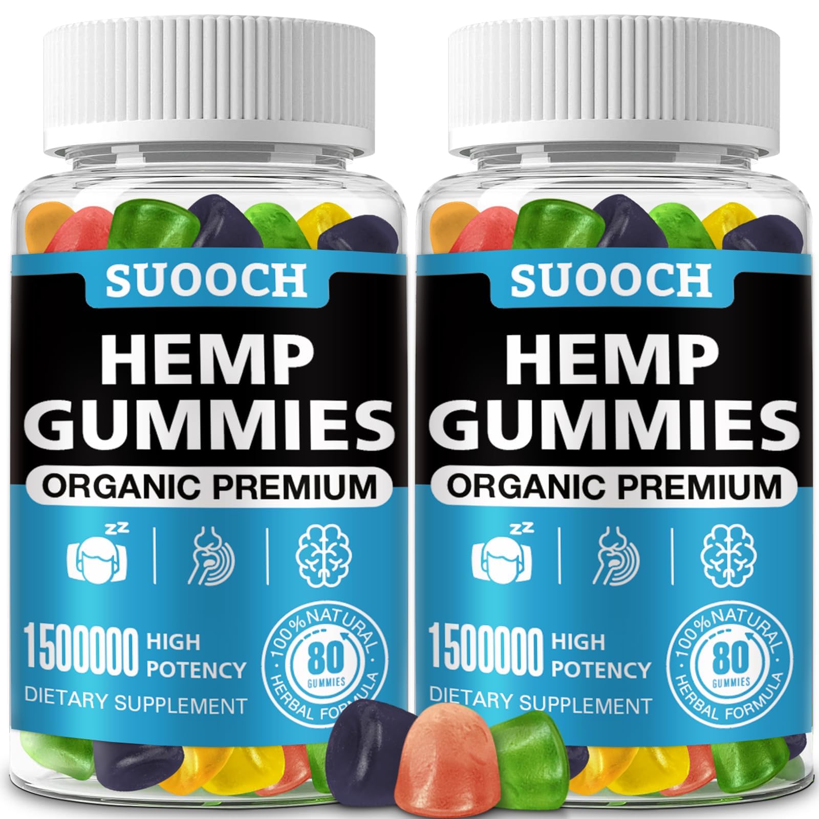 SUOOCH Hemp Gummies for Sleep, Anxiety, Pain & Inflammation Relief Edible with Omega & Vitamin Premium Fruity Flavors, Natural Candy High Potency 160 Count Gummies