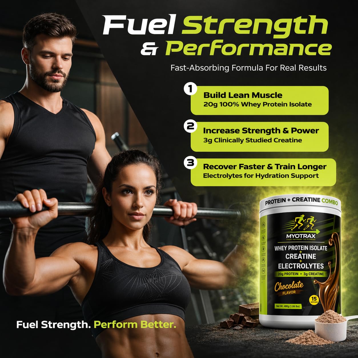 MYOTRAX Whey Protein Isolate Protein Powder with Creatine & Electrolytes, Chocolate, 15 Servings
