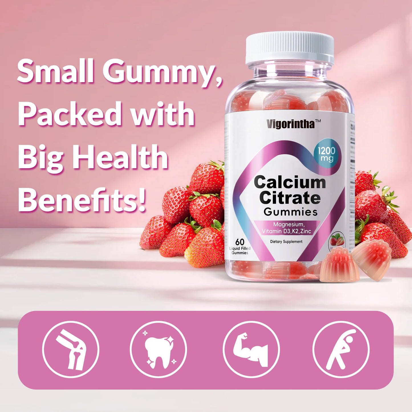 Vigorintha Calcium Citrate Gummies 1200mg with Magnesium, Vitamin D3, K2, Calcium Supplements for Women & Men - Easy to Digest, Vegan, Gluten Free, Sugar Free - Strawberry Flavor, 60 Gummies