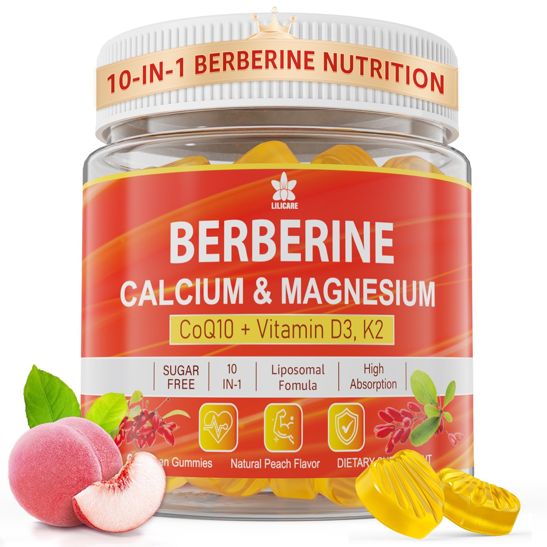 LILICARE Berberine Gummies Sugar Free with Liposomal Berberine & Berberine HCI, Calcium, Magnesium, AMPK Activator, Vegan, 60 Count