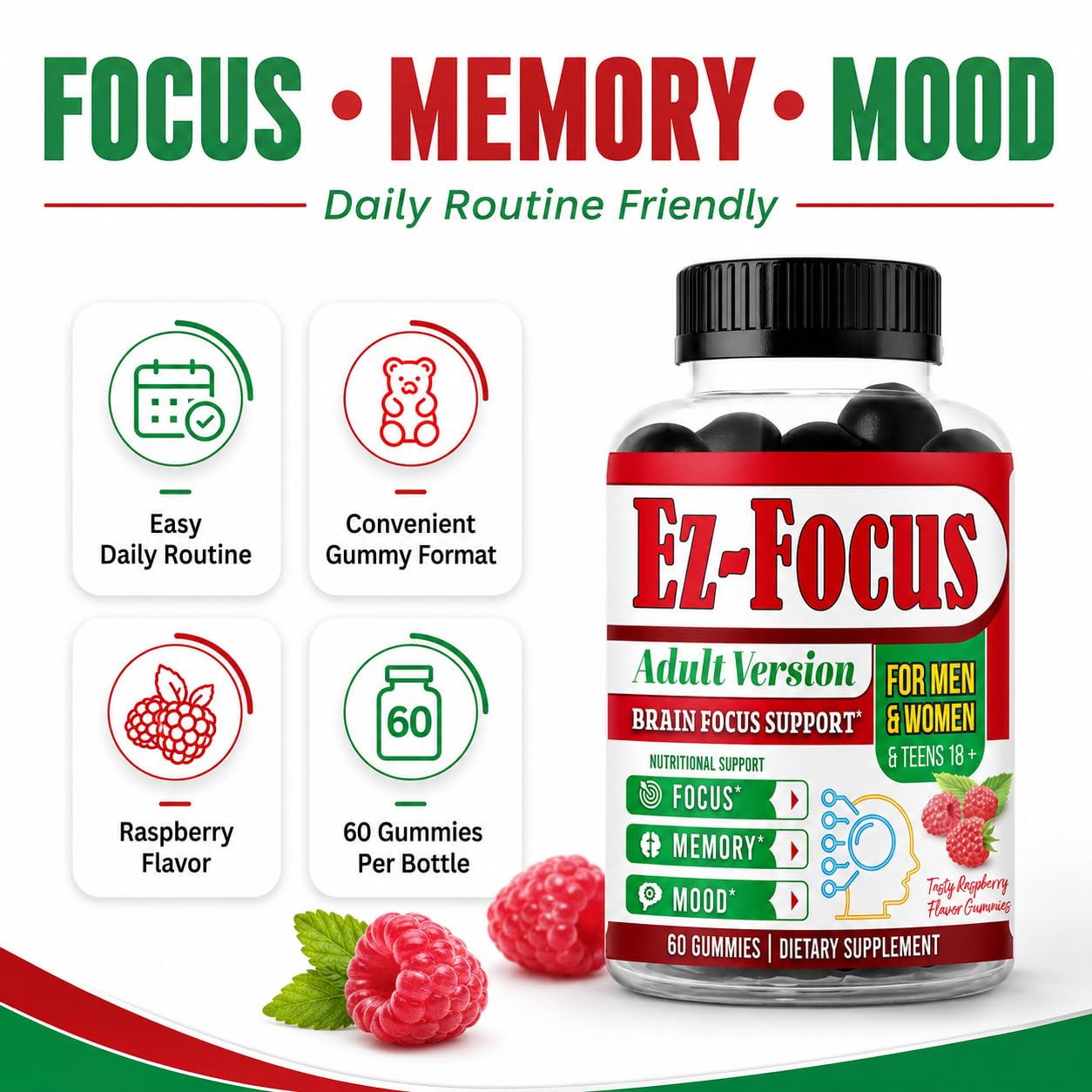 Ez-Focus Gummies Nootropics Brain Support, 60 Count