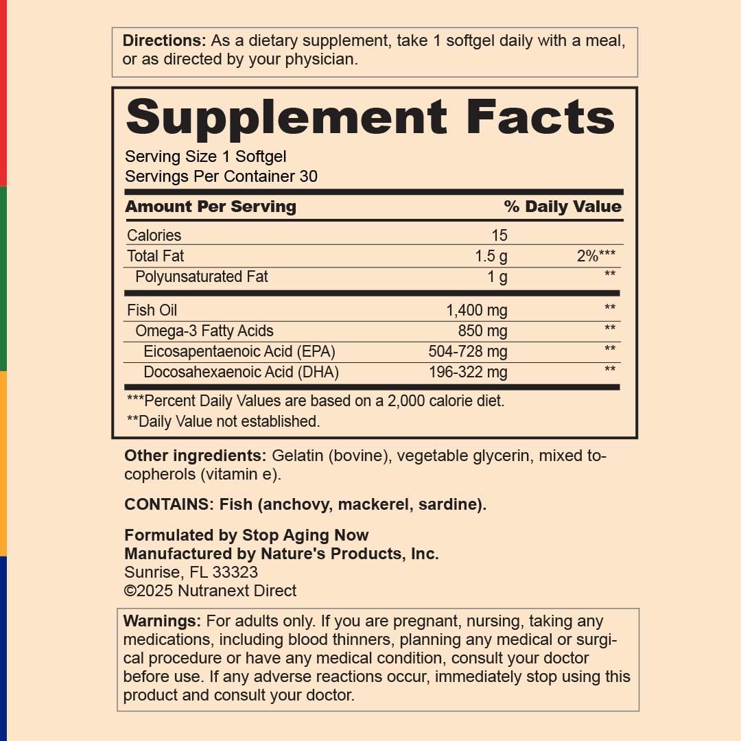 Stop Aging Now Omega-3 Fish Oil Supplement with EPA and DHA, 30 Softgels