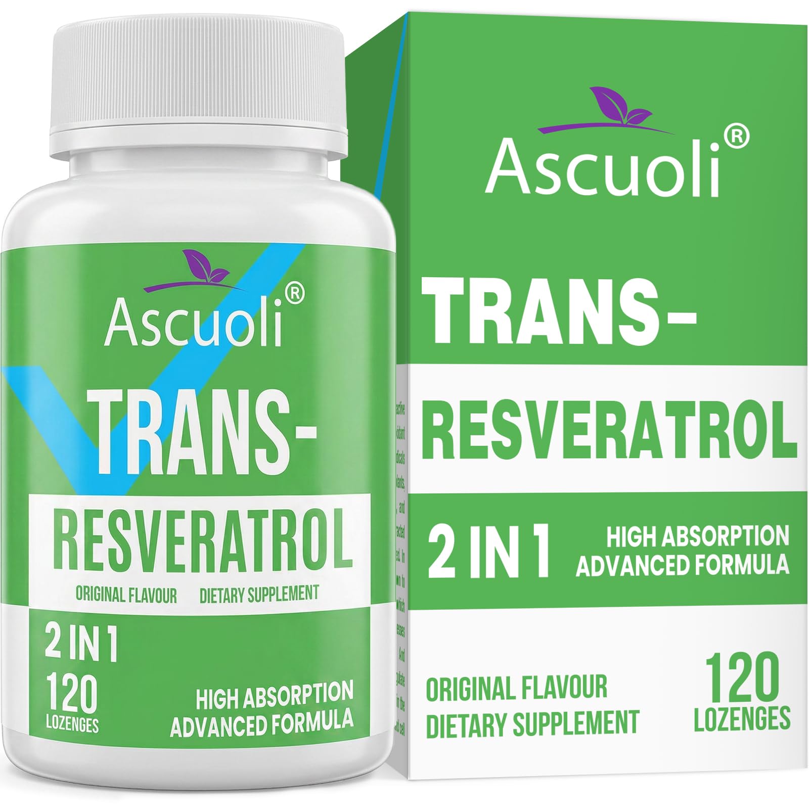 Ascuoli Sublingual Trans-Resveratrol Purity 99%, 3-in-1 Advanced Formula Resveratrol Supplement 120 Tablets